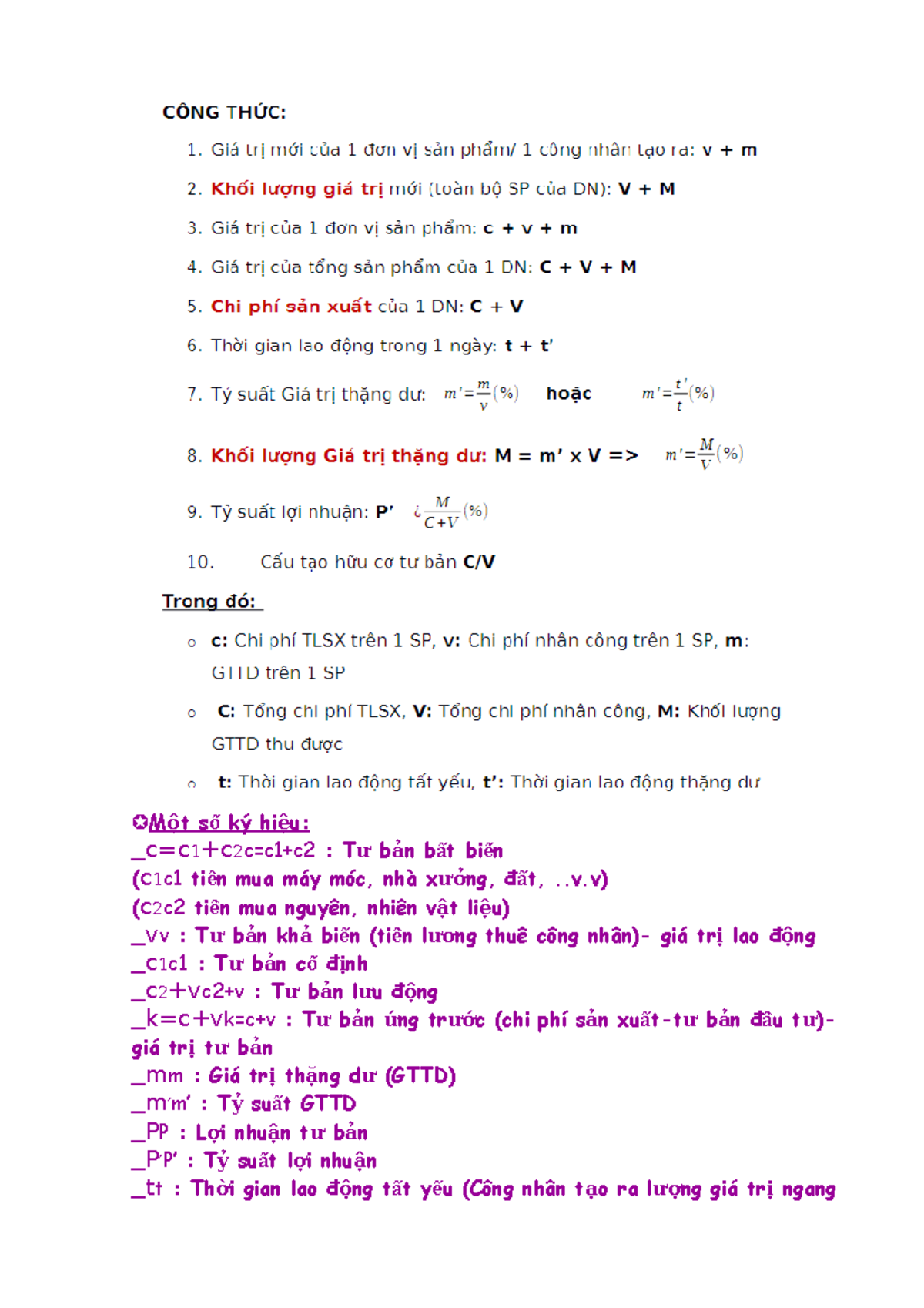 BT Mẫu - Công Thức KTCT Mác - M ộ T S ốố K ý Hi ệu: _ C=c 1 +c 2 C=c1 ...