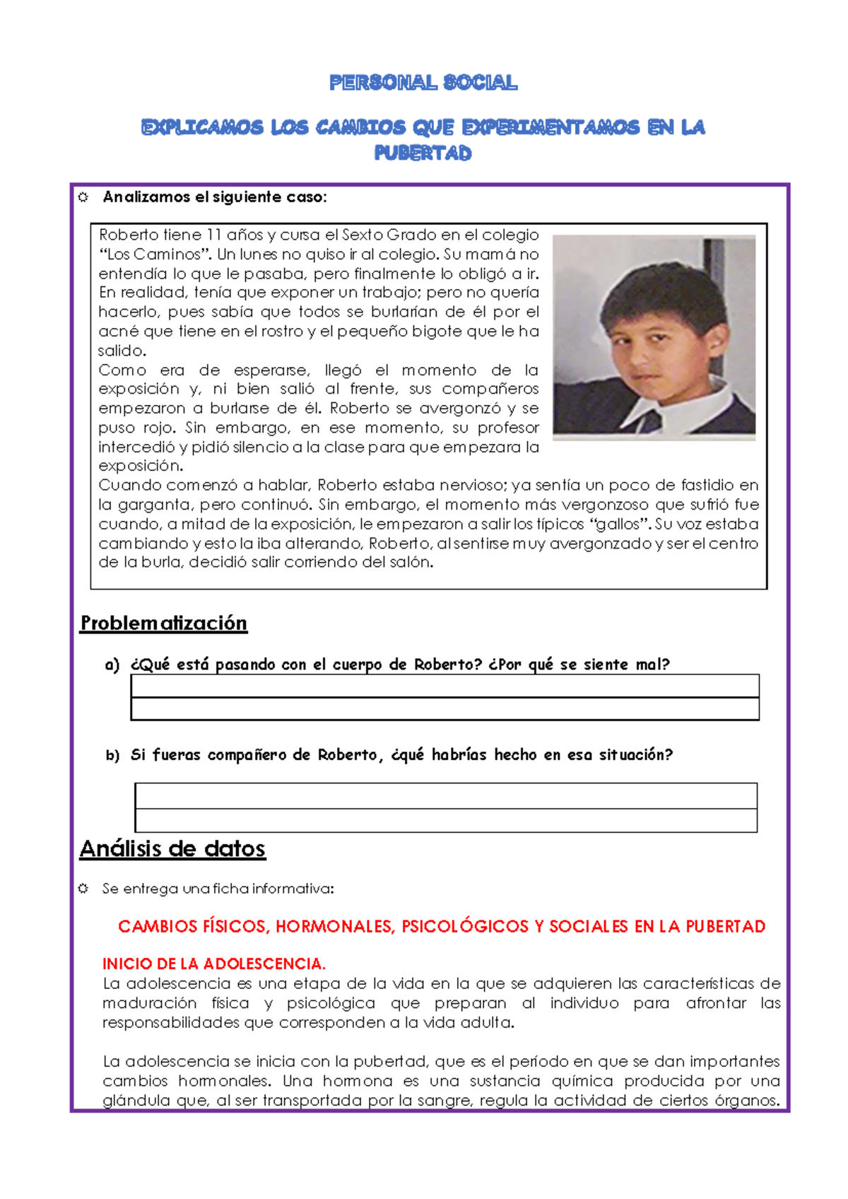 Ficha Cambios en la pubertad - Analizamos el siguiente caso: Roberto ...