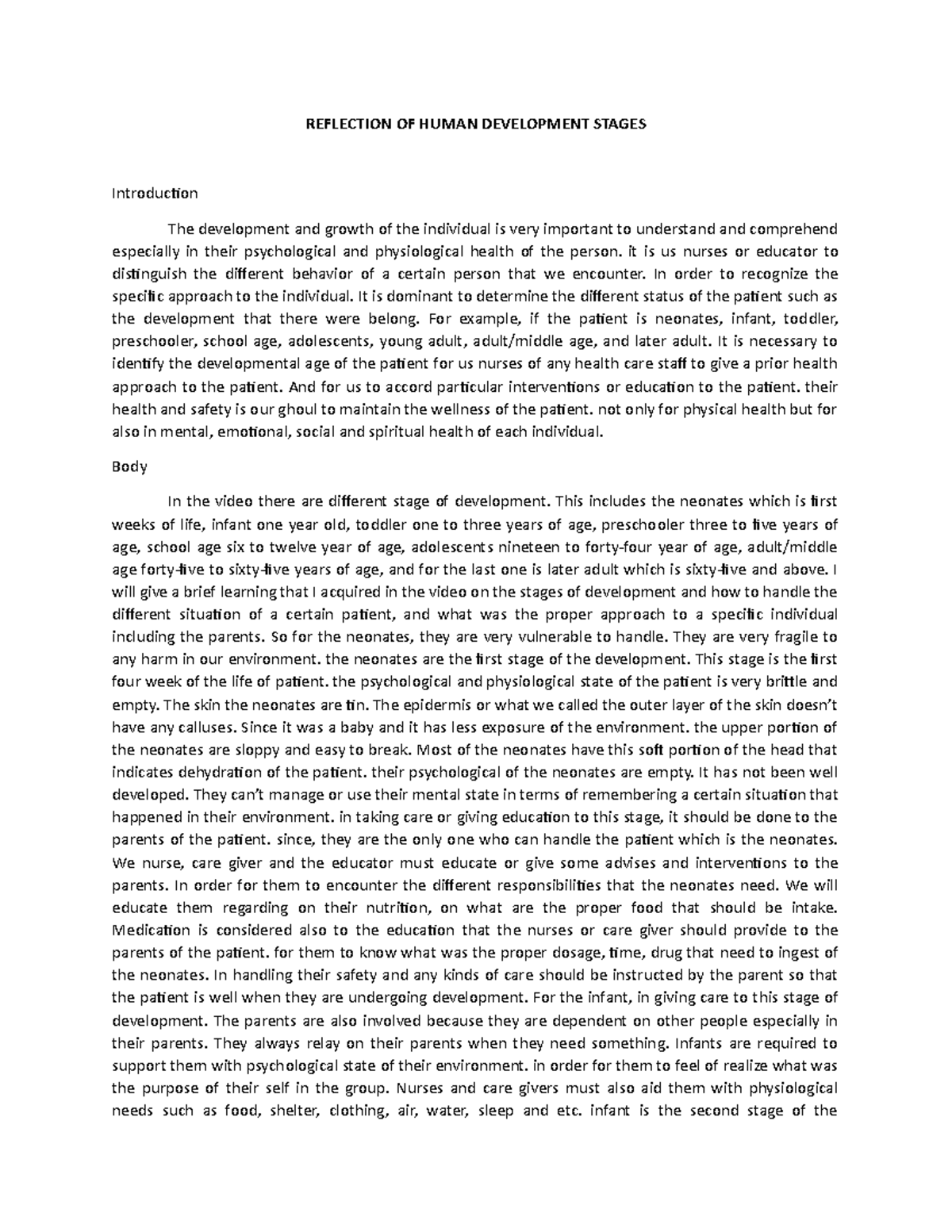Human development reflection - REFLECTION OF HUMAN DEVELOPMENT STAGES ...