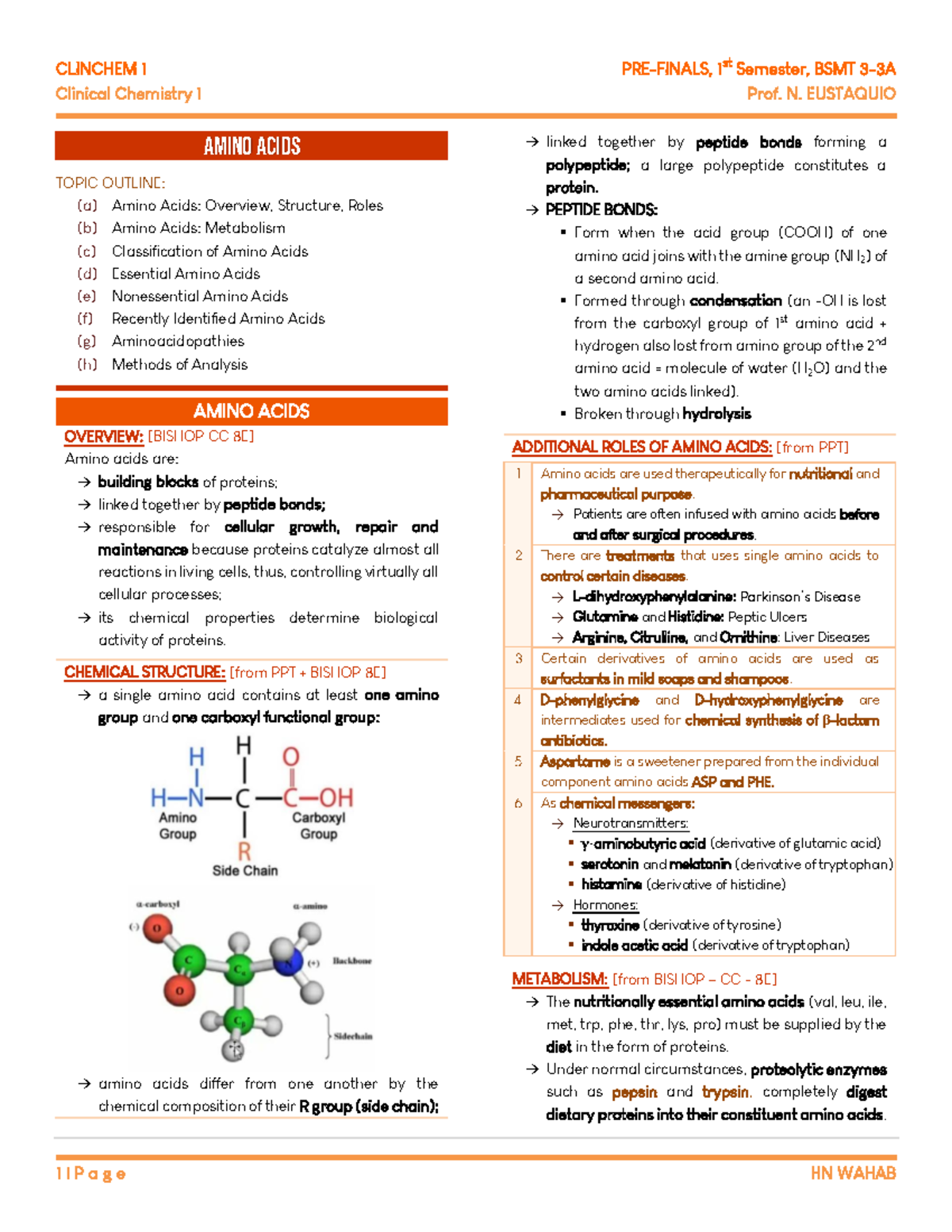 Amino Acids - CLINICAL CHEMISTRY (NENITA EUSTAQUIO) - Clinical ...