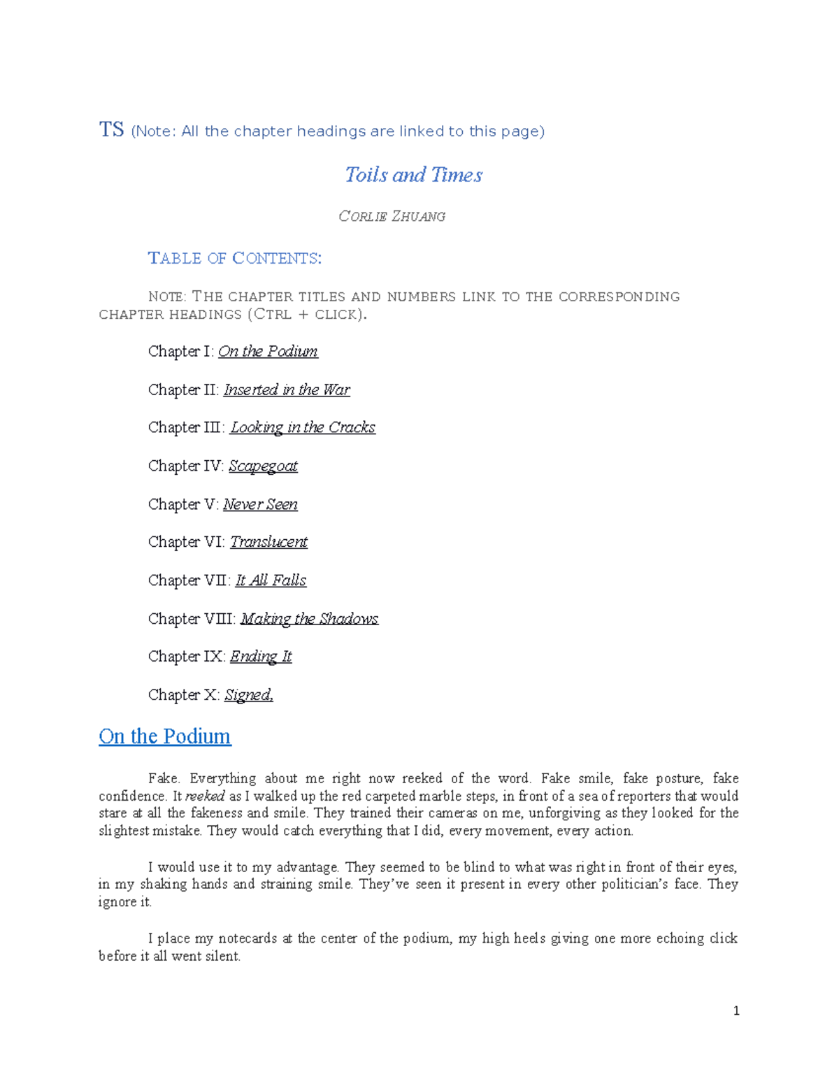 Toils and Times TS (Note All the chapter headings are linked to this