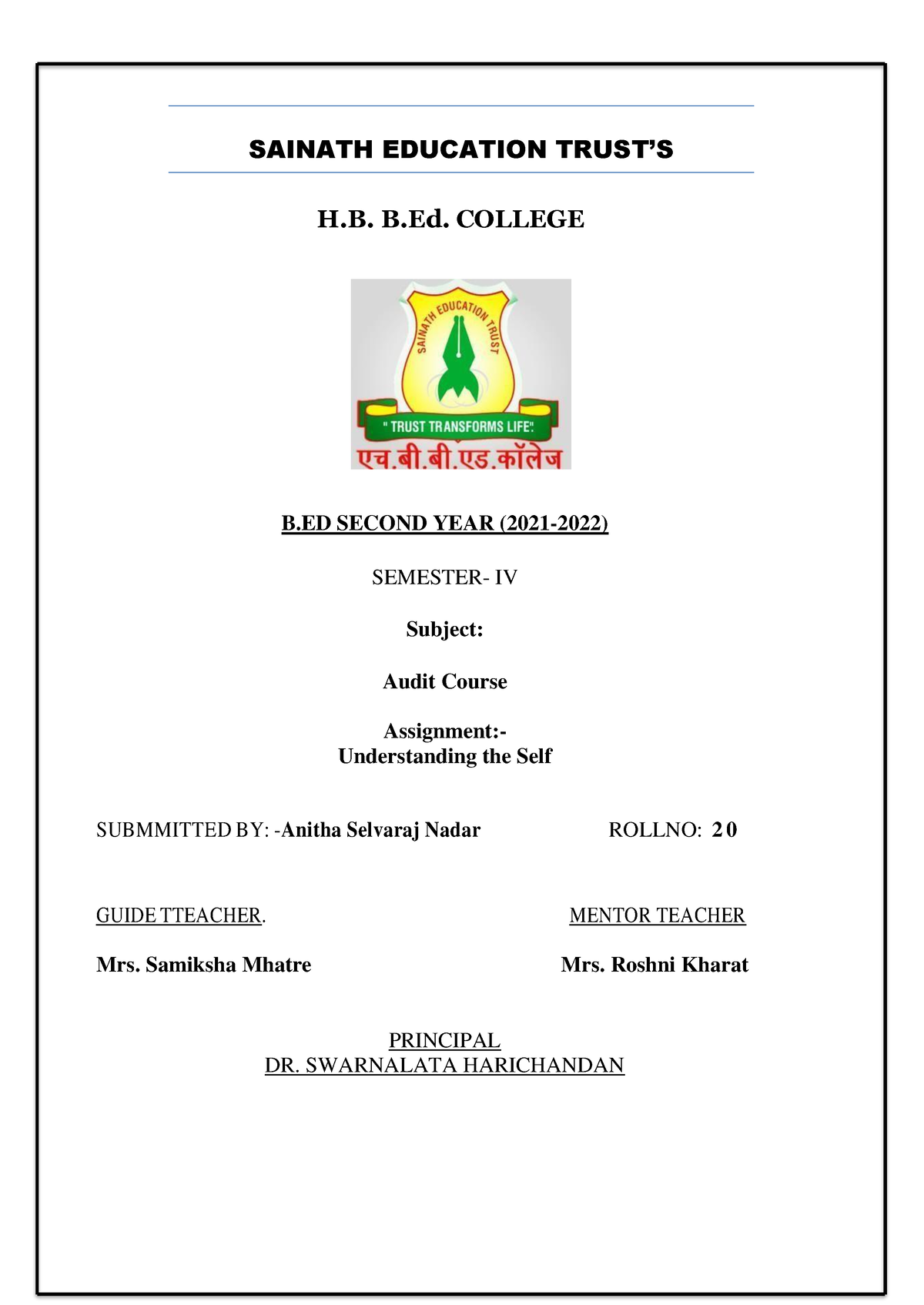 Audit Course Assignment - SAINATH EDUCATION TRUST’S H. B. COLLEGE B ...