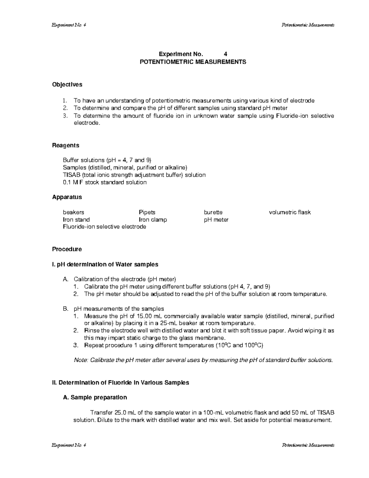 Expt-4 Potentiometry - Experiment No. 4 Potentiometric Measurements ...