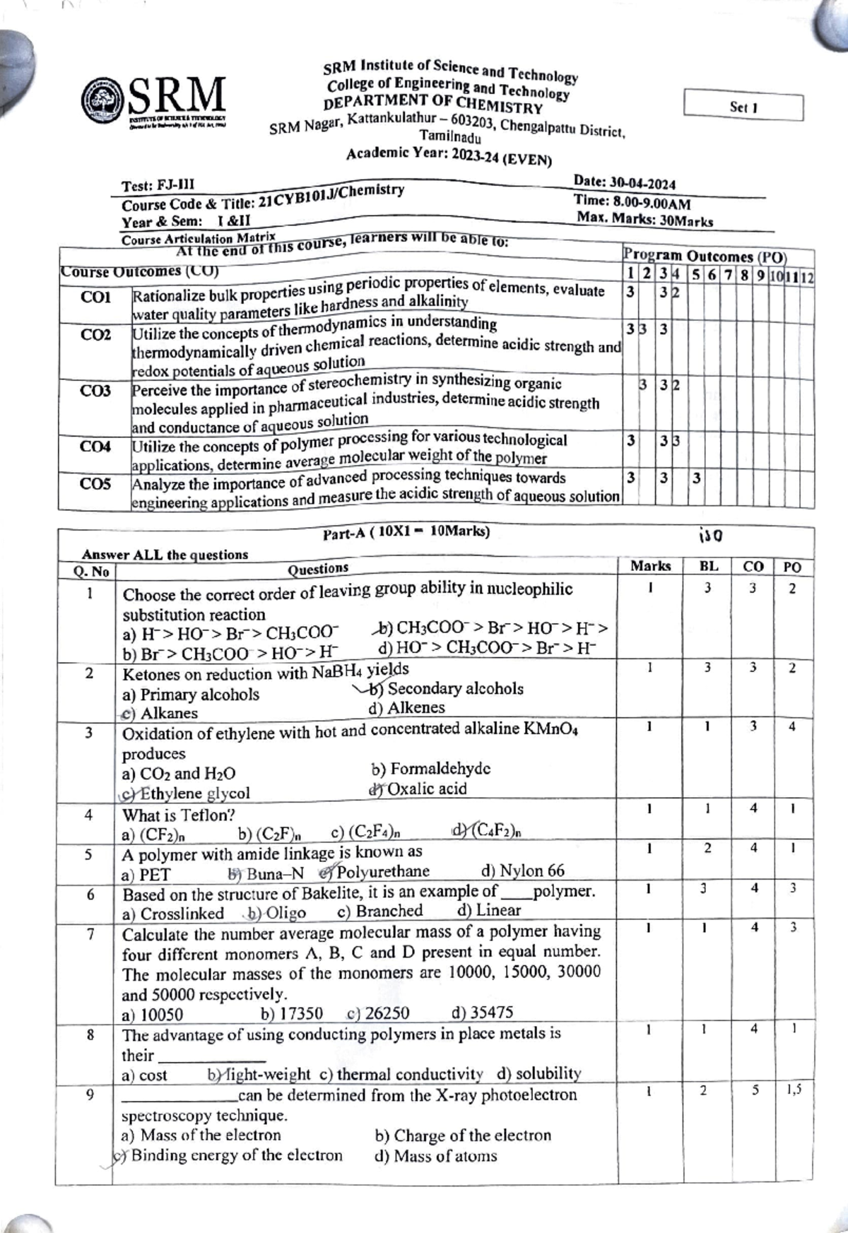 SET 1 CT3 Chem - Chemistry - Studocu