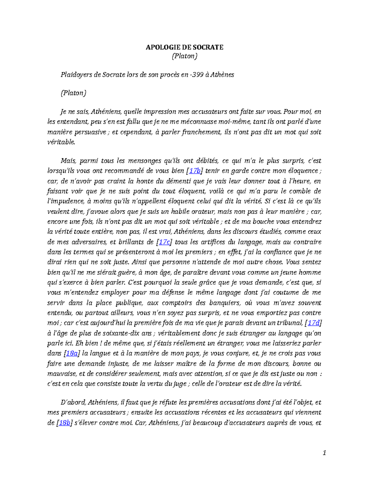 Gr 04 Apologie Texte - APOLOGIE DE SOCRATE (Platon) Plaidoyers De ...