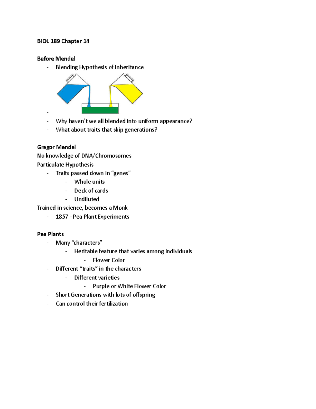 BIOL 189 Chapter 14 - BIOL 189 Chapter 14 Before Mendel - Blending ...