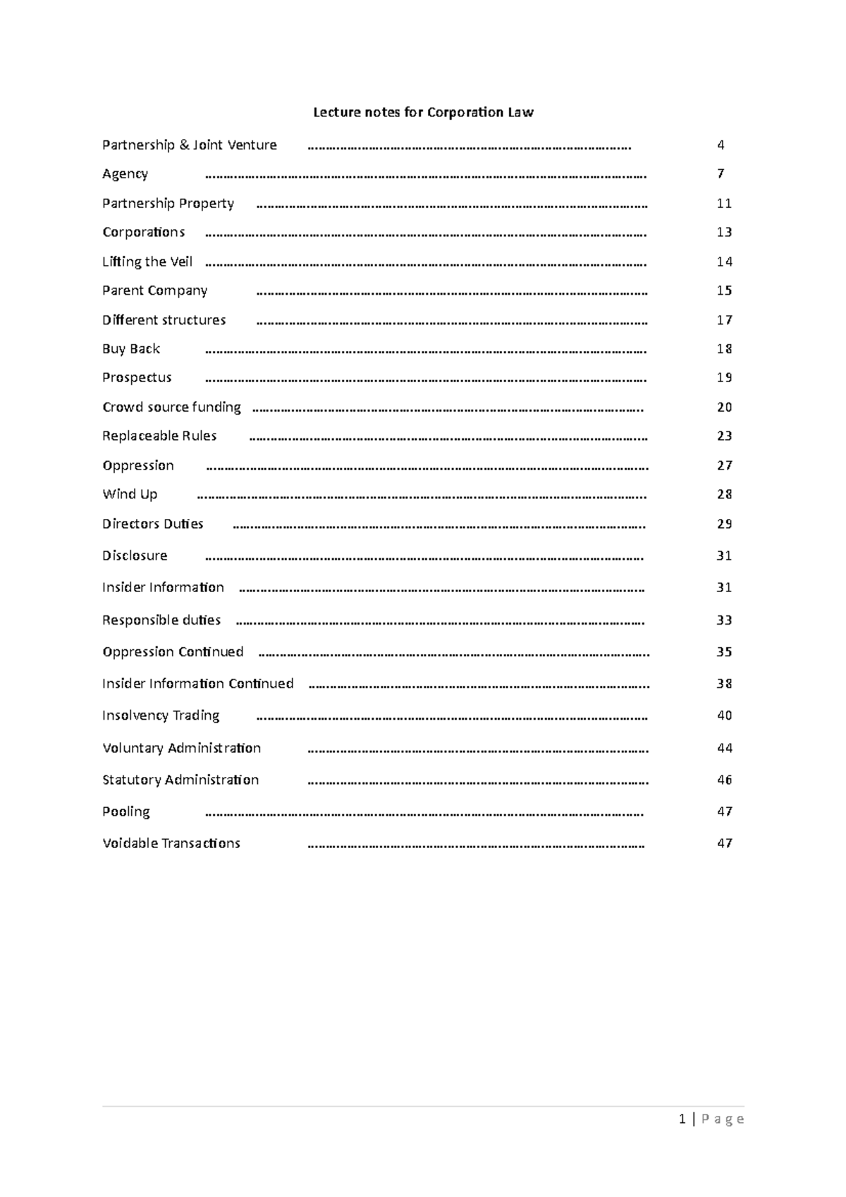 Full Lecture notes for organisation Law - Lecture notes for Corporation ...