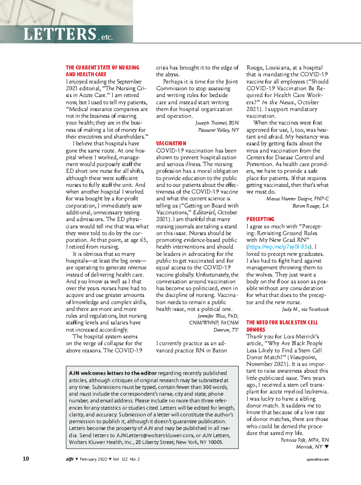 Vaccination - LETTERS, etc. 10 AJN February 2022 Vol. 122, No. 2 ...