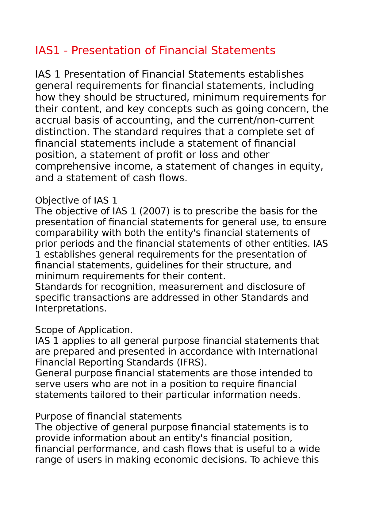 presentation of financial statements ias 1