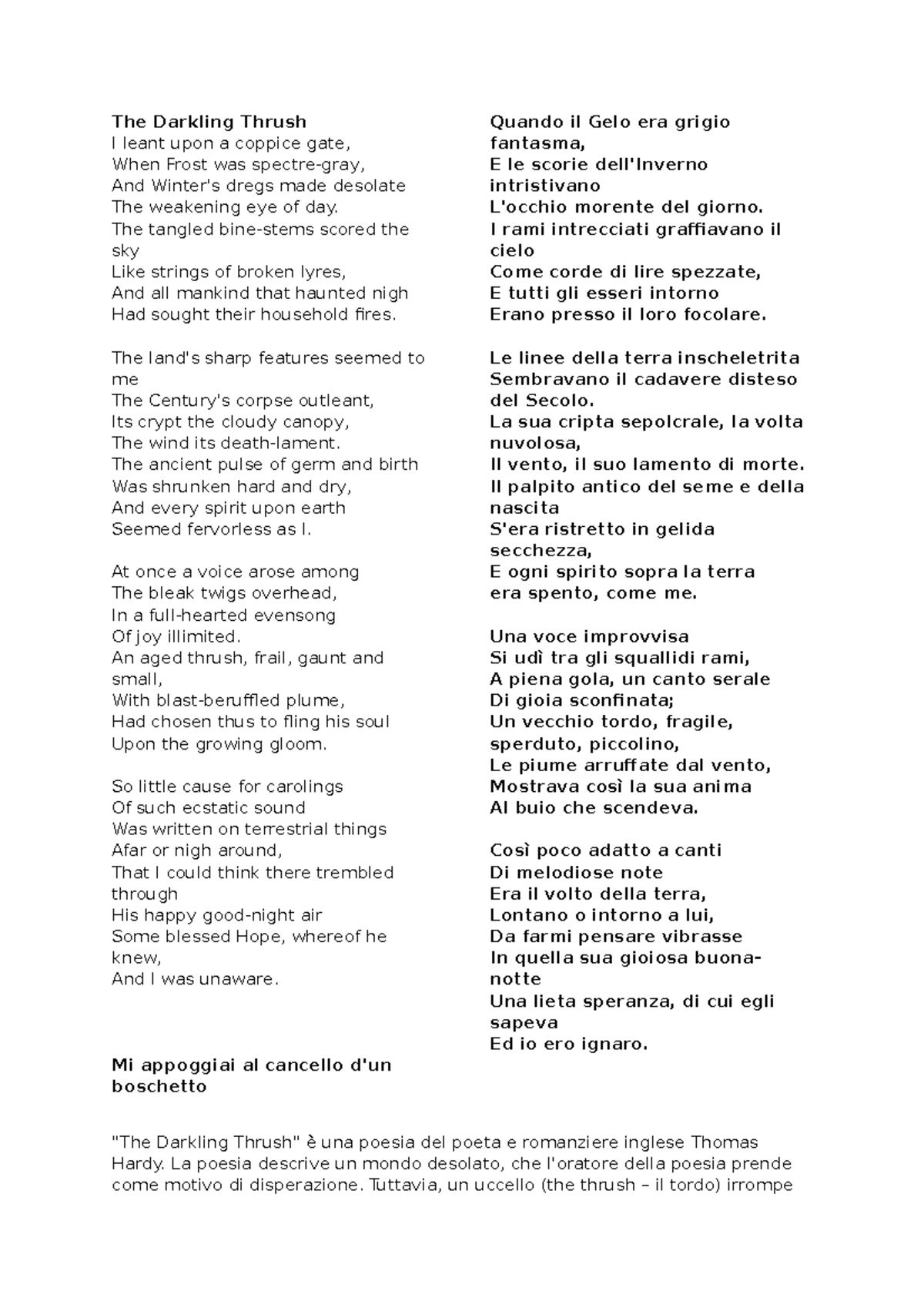 The Darkling Thrush analisi - The Darkling Thrush I leant upon a ...