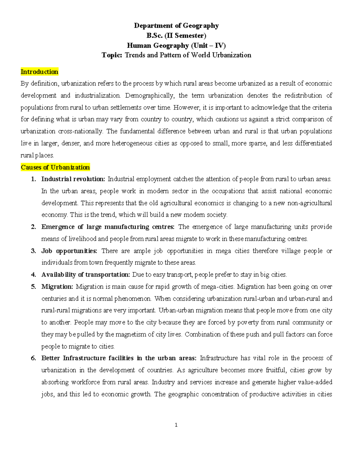 Urbanization - Department of Geography B. (II Semester) Human Geography ...