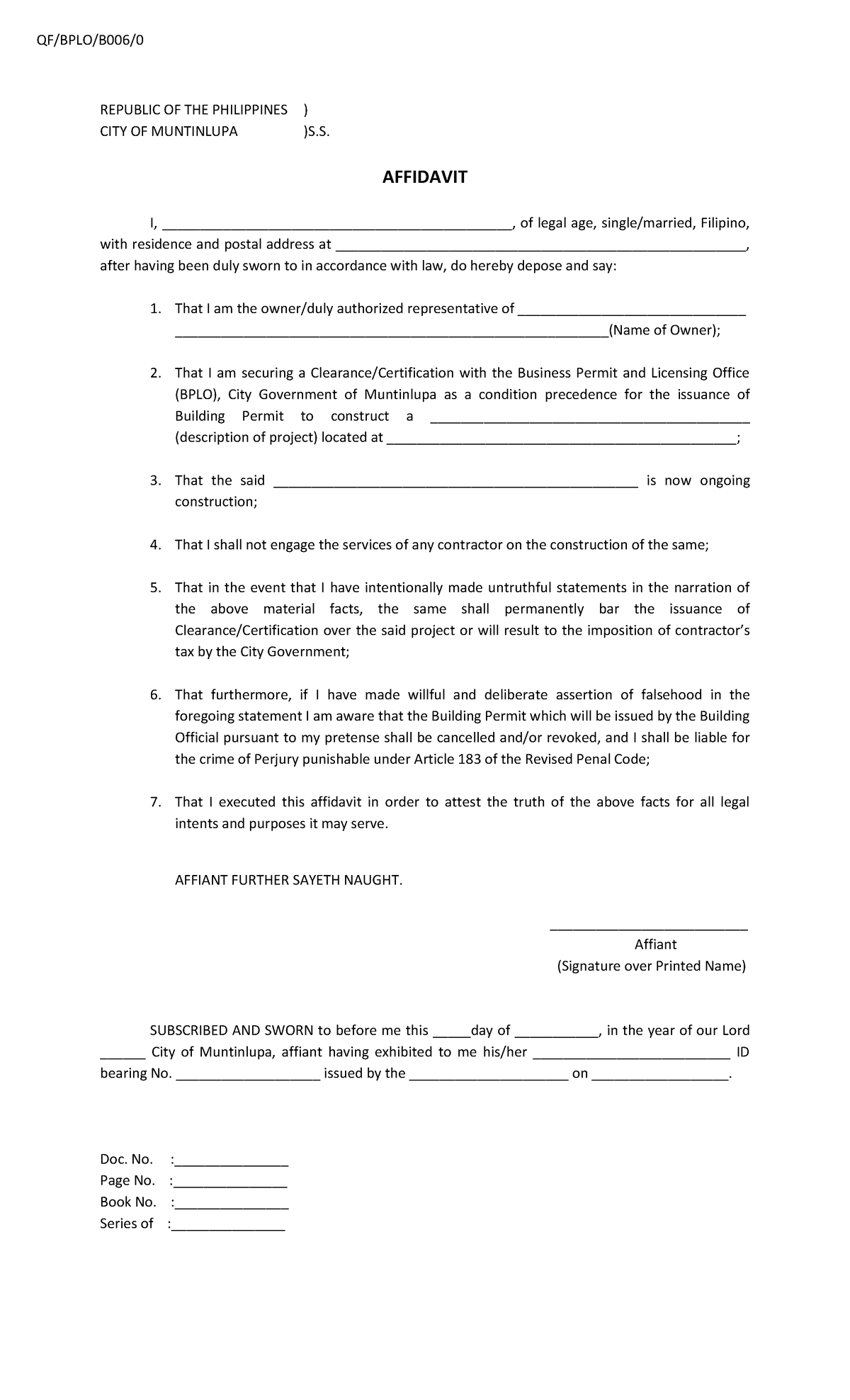 Affidavit for city tax non contracting - REPUBLIC OF THE PHILIPPINES ...