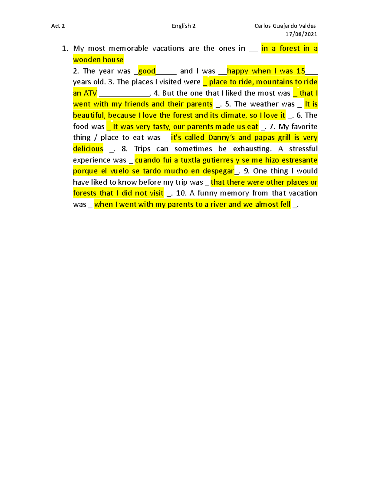 Act 2 English 2 - act 2 ingles II - Act 2 English 2 Carlos Guajardo ...