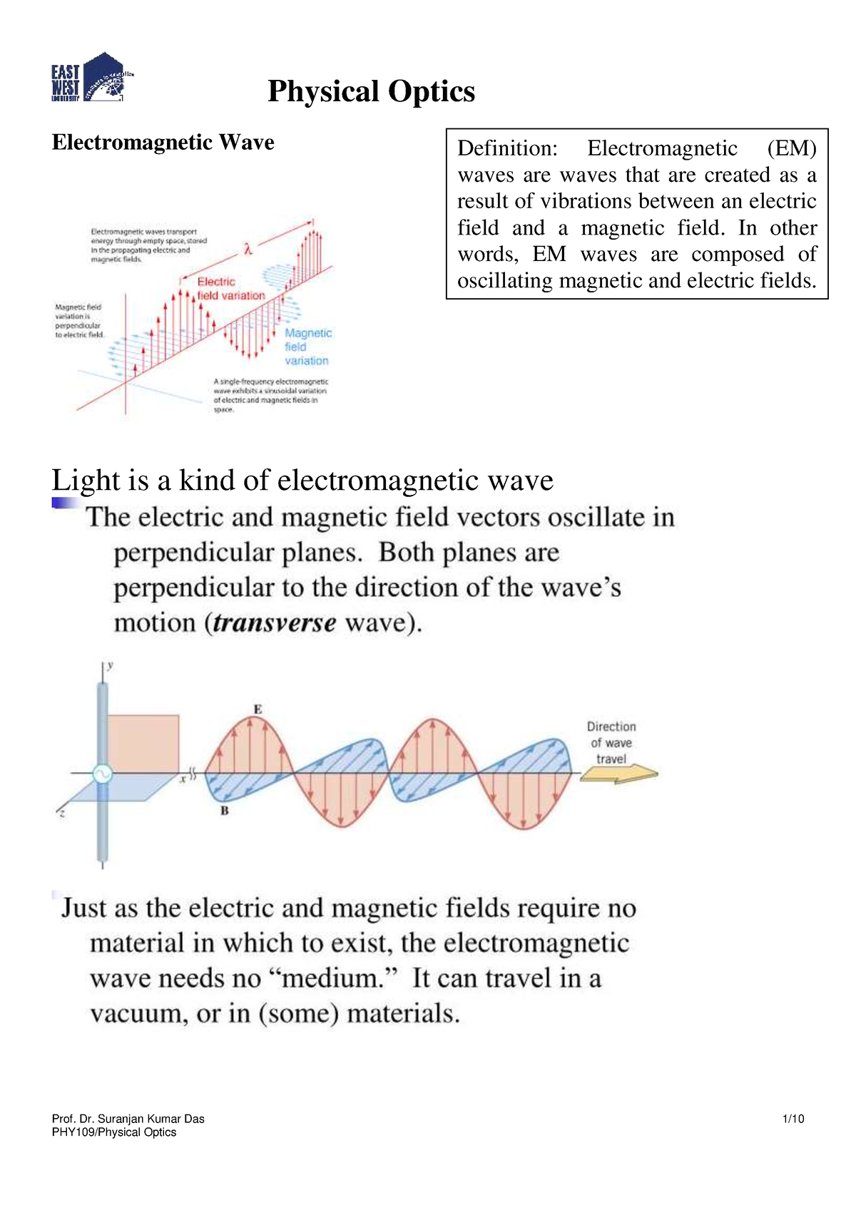 Physical Optics - Lecture Note - Prof. Dr. Suranjan Kumar Das 1 / 10 ...