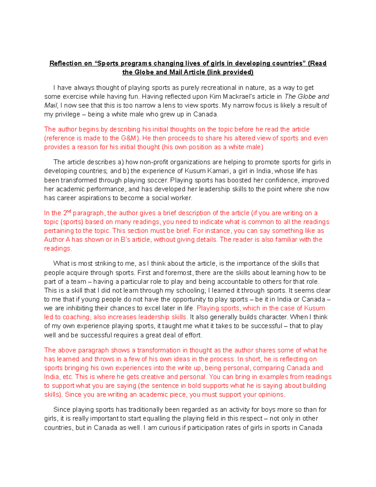 Reflection Paper Reflection on “Sports programs changing lives of girls in developing