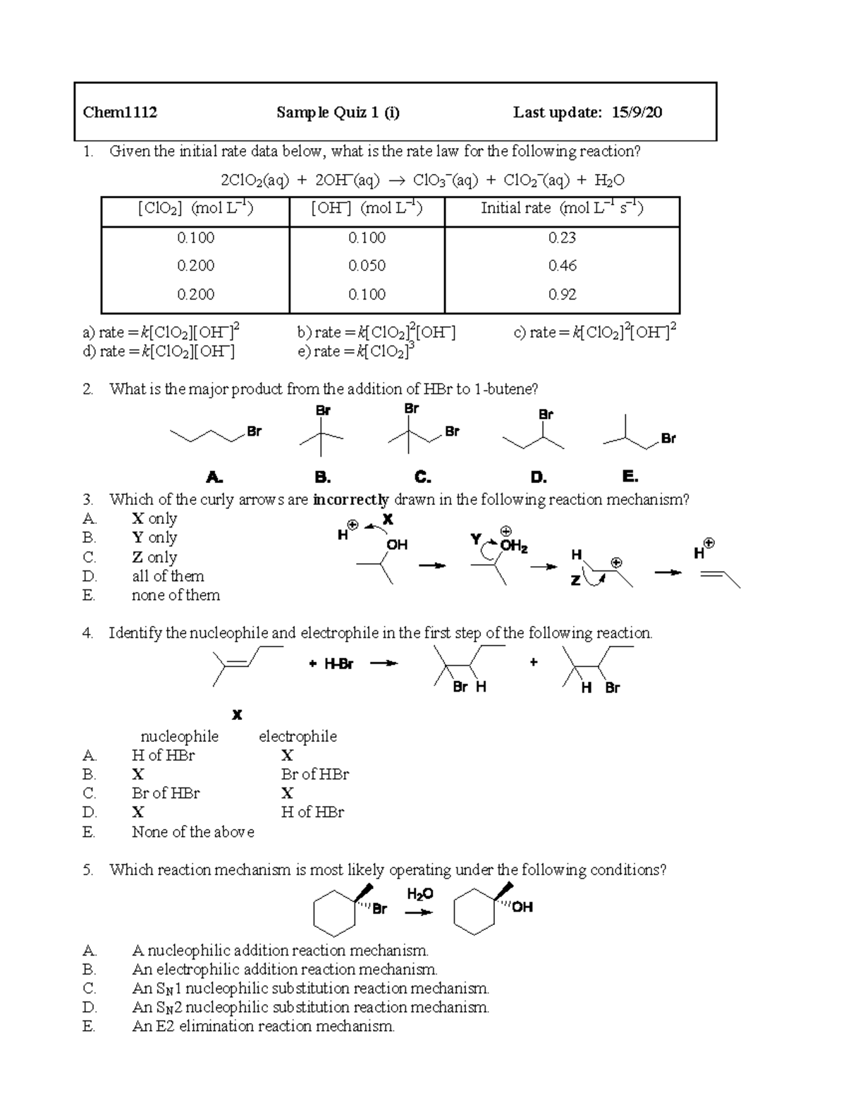 Chem1112 Sample Quiz 1-3 - 0 0 0. 0 0 0. a) rate = k [ClO 2 ][OH–] 2 b ...