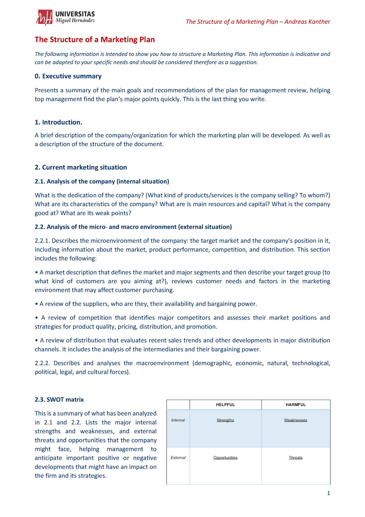 Structure of a Marketing Plan - This information is indicative and can ...