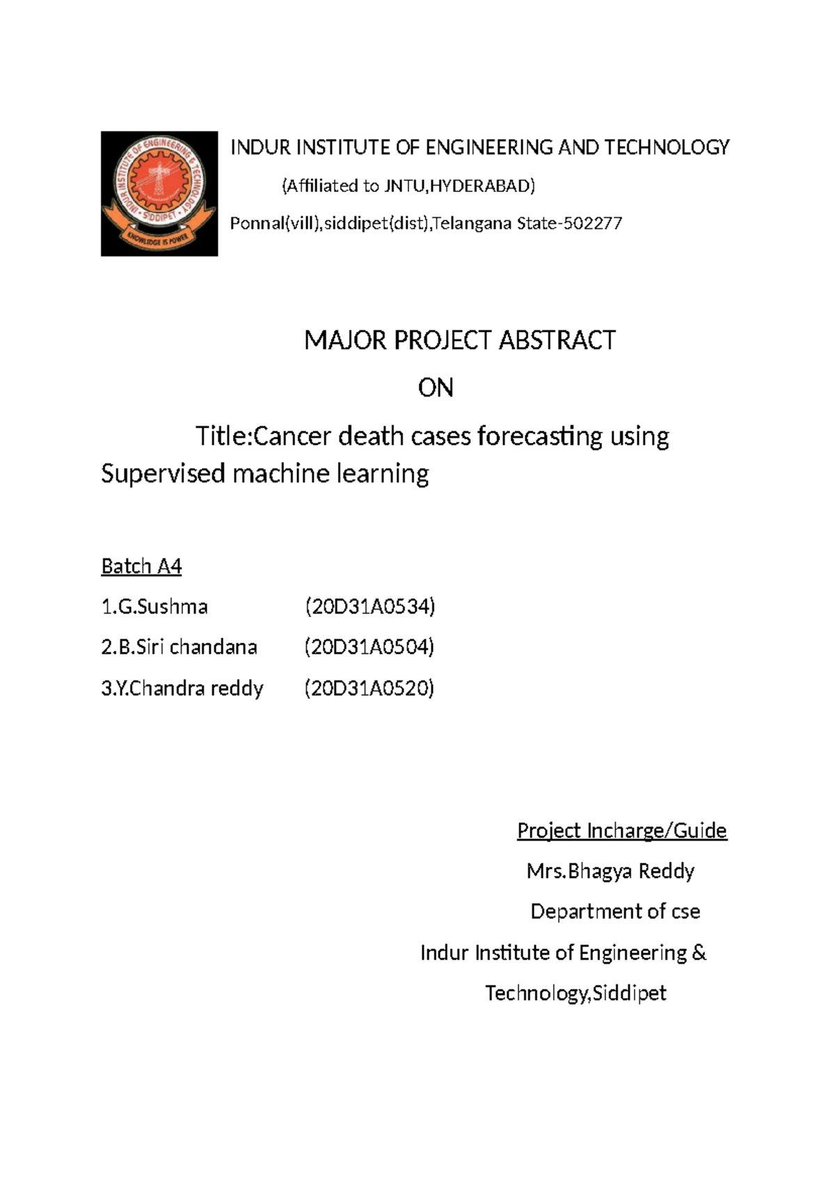M project - MAJOR PROJRCDET - computer science - INDUR INSTITUTE OF ...