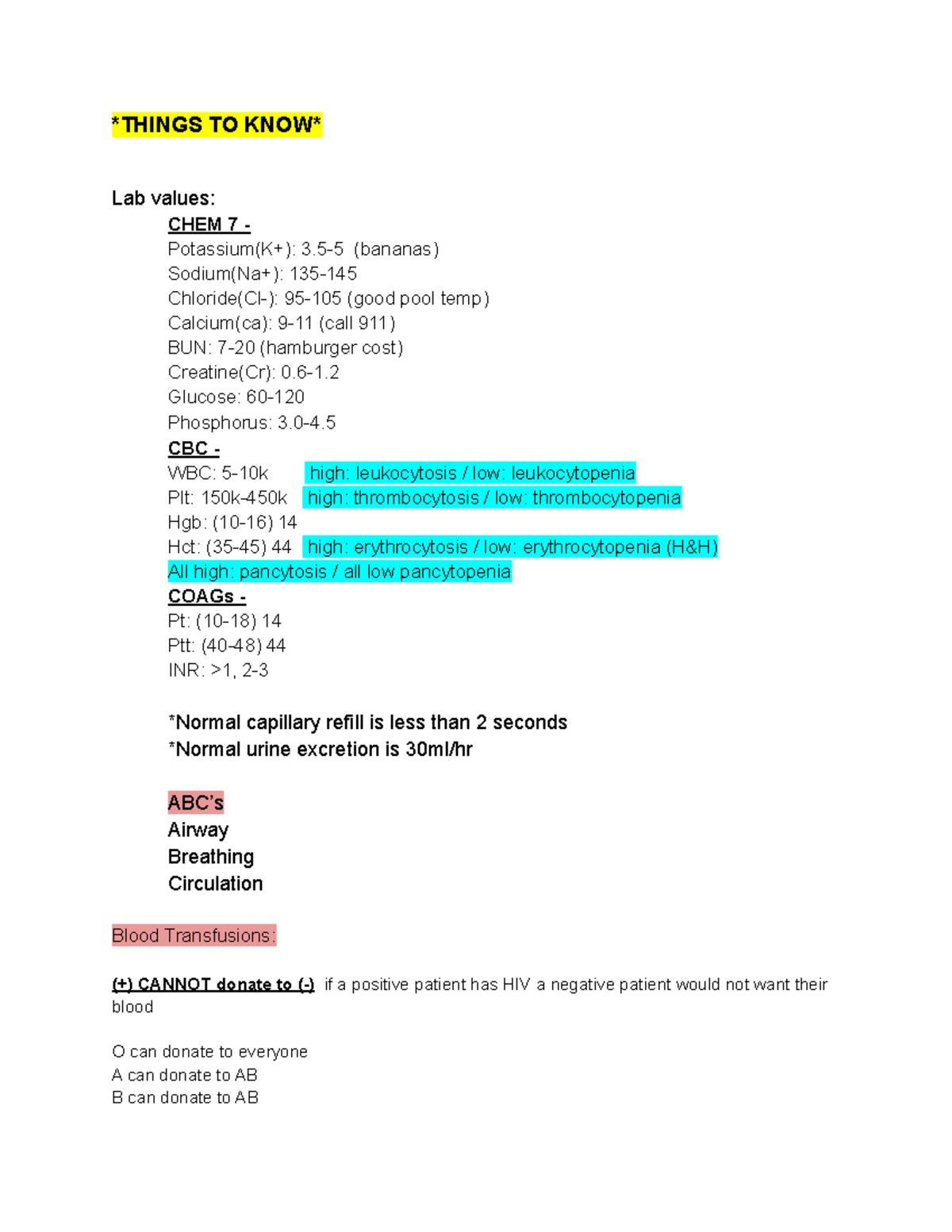 Medsurg 1 Hesi key points THINGS TO KNOW Lab values CHEM 7