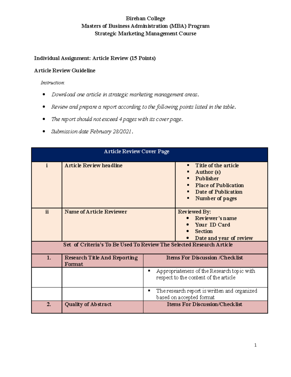 Article Review Guideline - Birehan College Masters Of Business ...