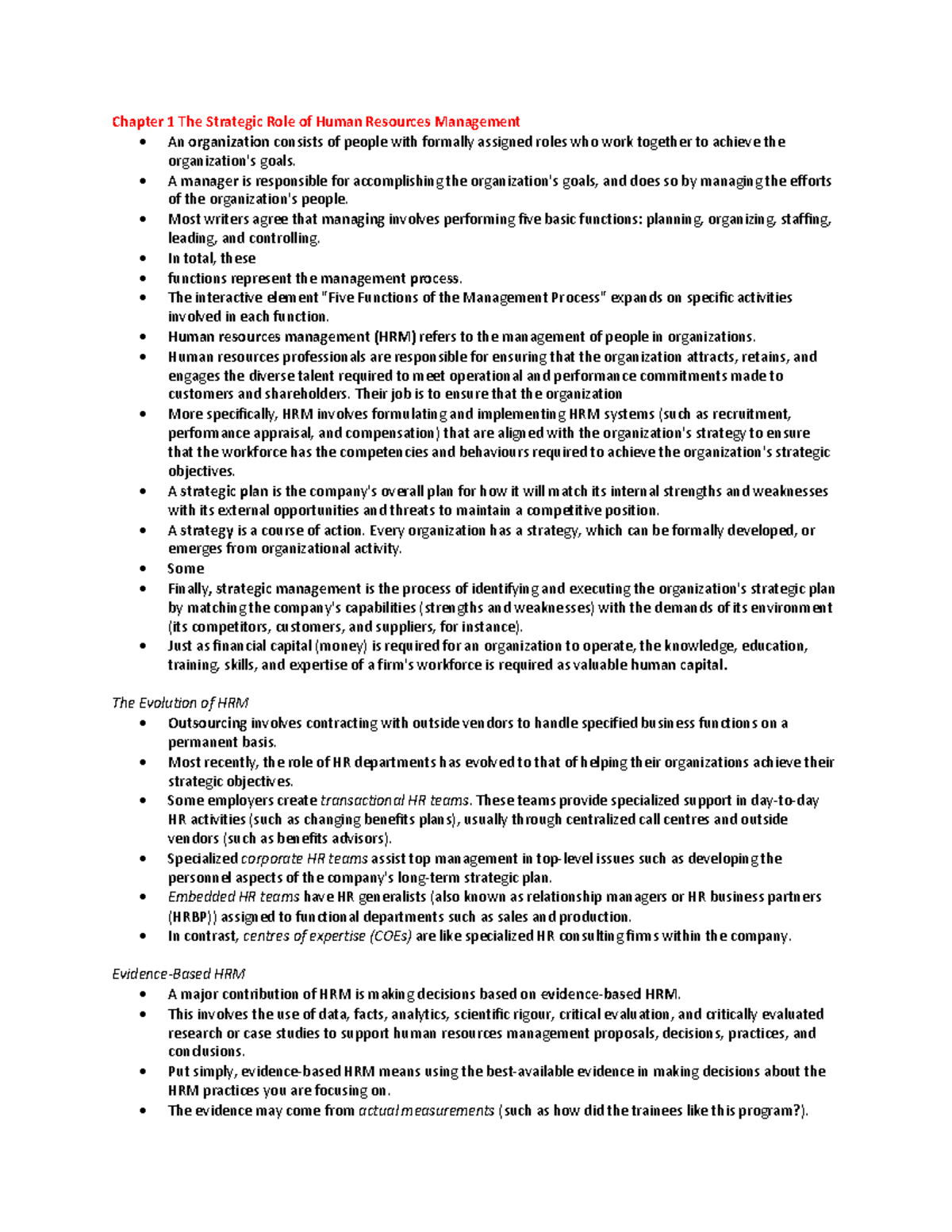 HROB 2290 Notes - Chapter 1 The Strategic Role of Human Resources ...
