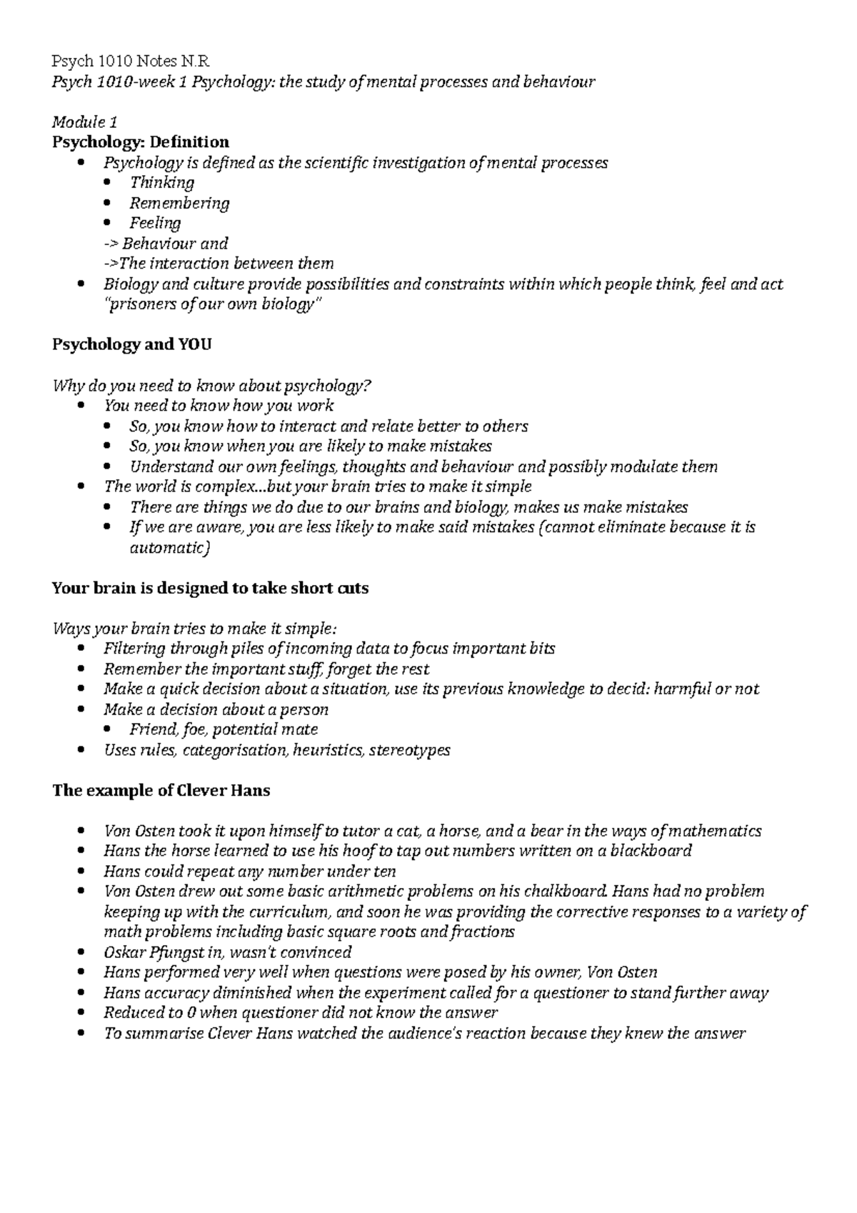 Psych 1010 Lecture 1 (notes) - BIOL1001 - UoN - Studocu