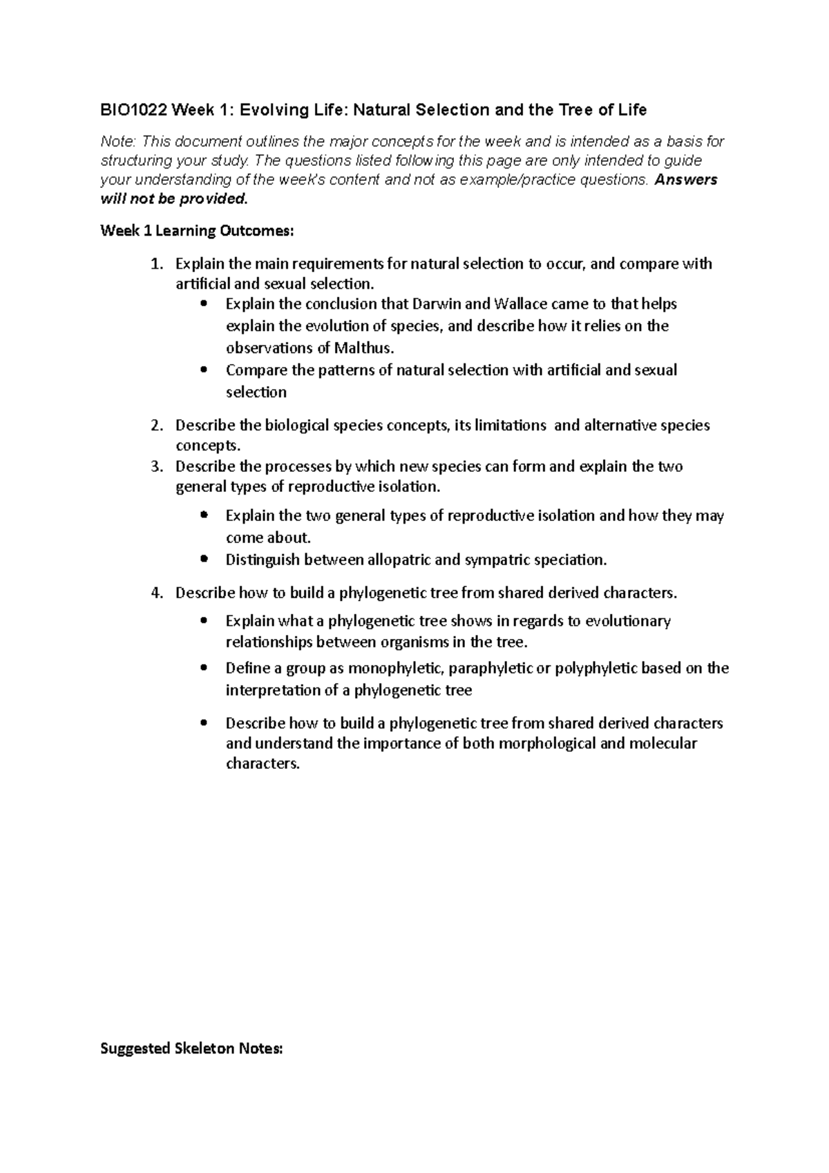 BIO1022 Week 1 Study Guide - BIO1022 Week 1: Evolving Life: Natural ...