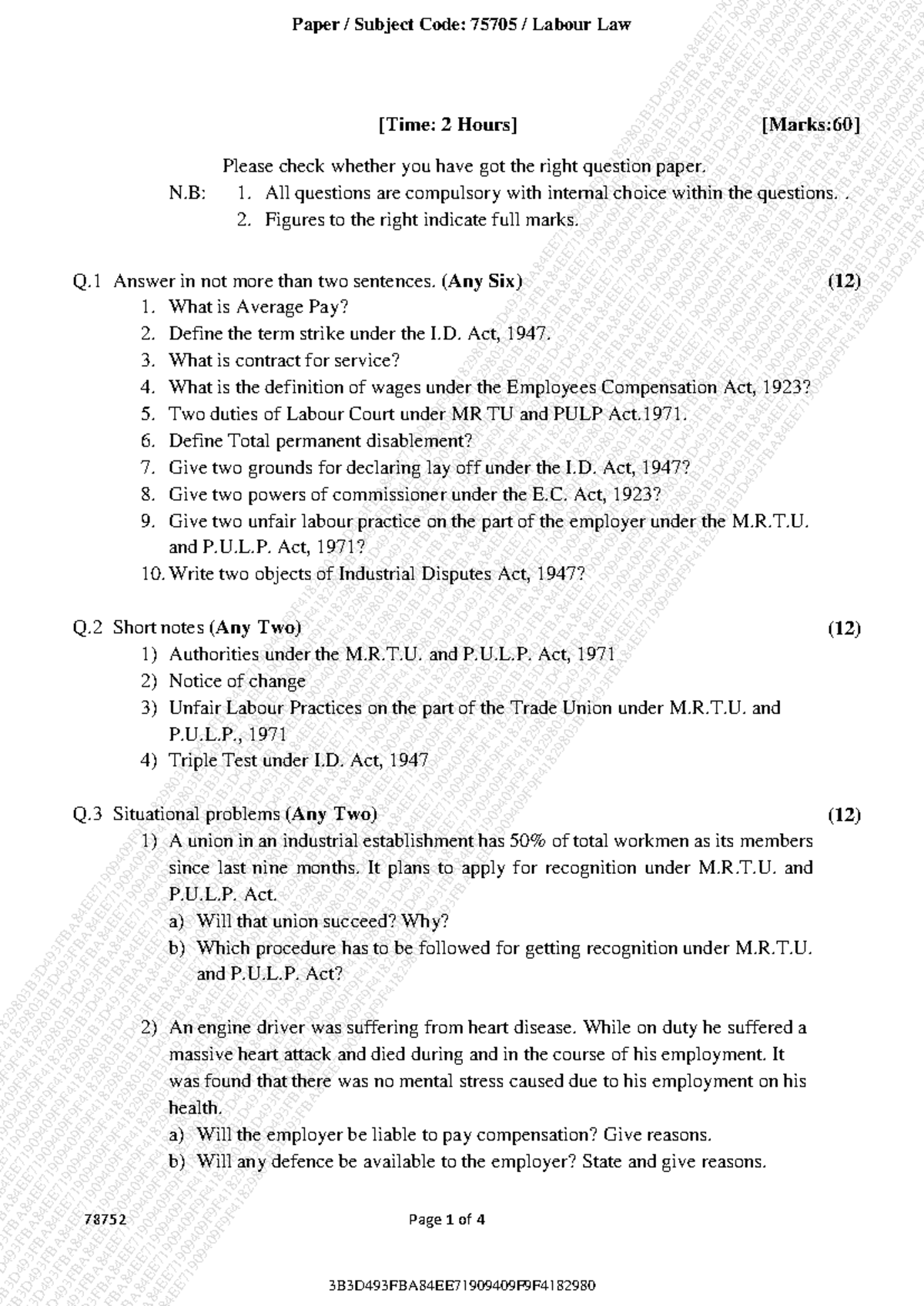Labour Law 070202020 - Question papers - 78752 Page 1 of 4 [Time: 2 ...