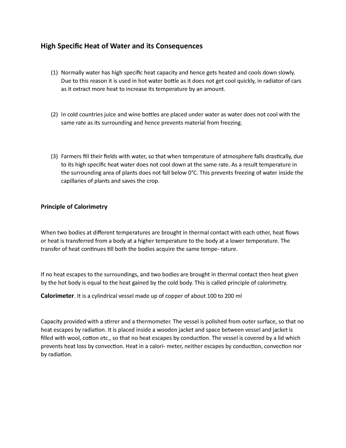 calorimetry-principle-high-specific-heat-of-water-and-its