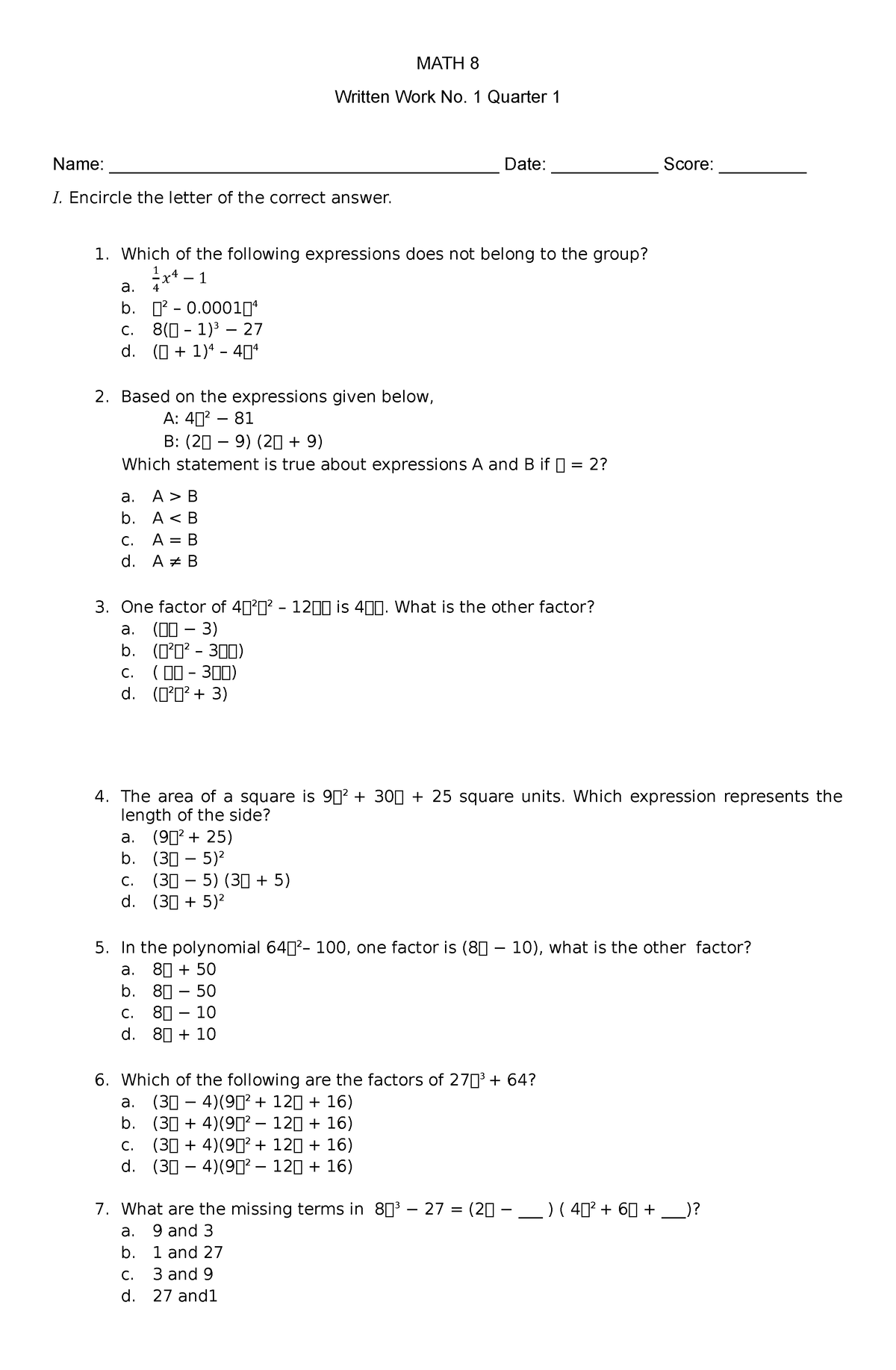 ST MATH 8 NO - SUMMATIVE EXAM MATH GRADE 8 - MATH 8 Written Work No. 1 ...