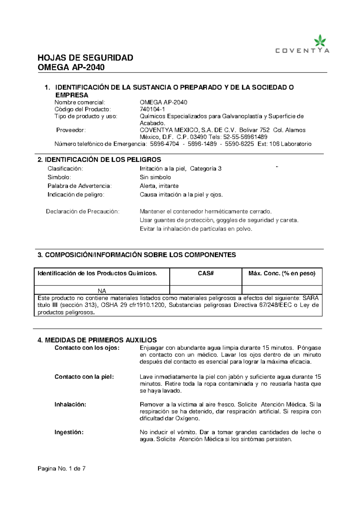 42 Omega AP-2040 - HDS para consulta - OMEGA AP- 1. IDENTIFICACIÓN DE ...