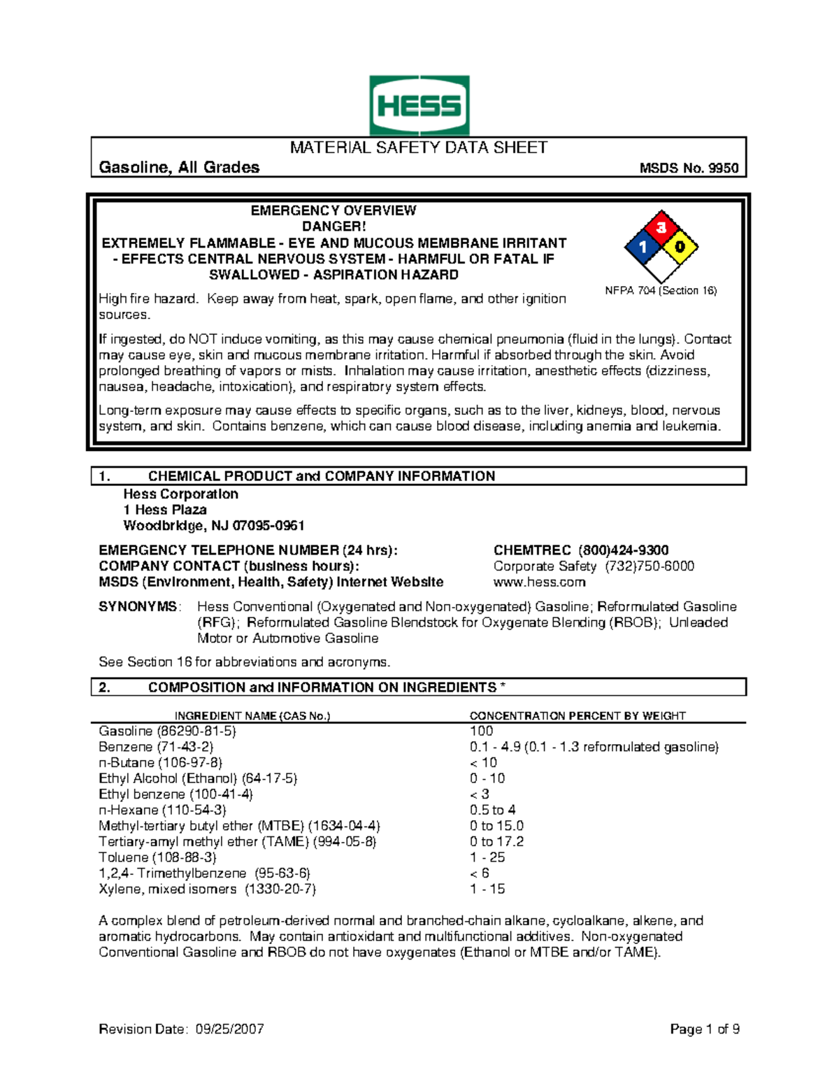 Gasoline All Types-sds - Gasoline, All Grades MSDS No. 9950 NFPA 704 ...