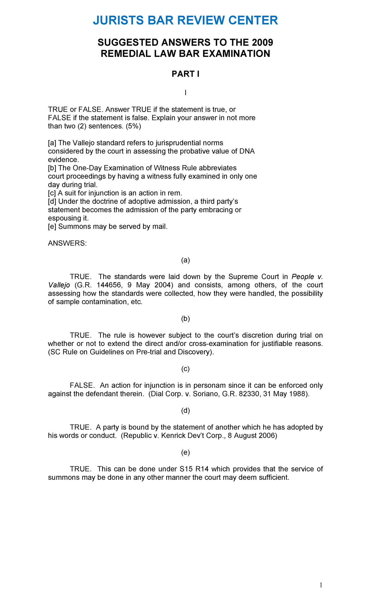 Civil Procedure Bar Questions