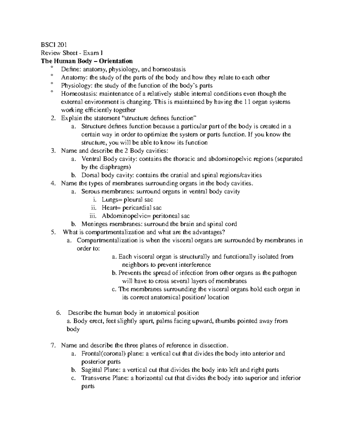 BSCI 201 Review Sheet- Exam 1 - BSCI 201 Review Sheet - Exam I The ...