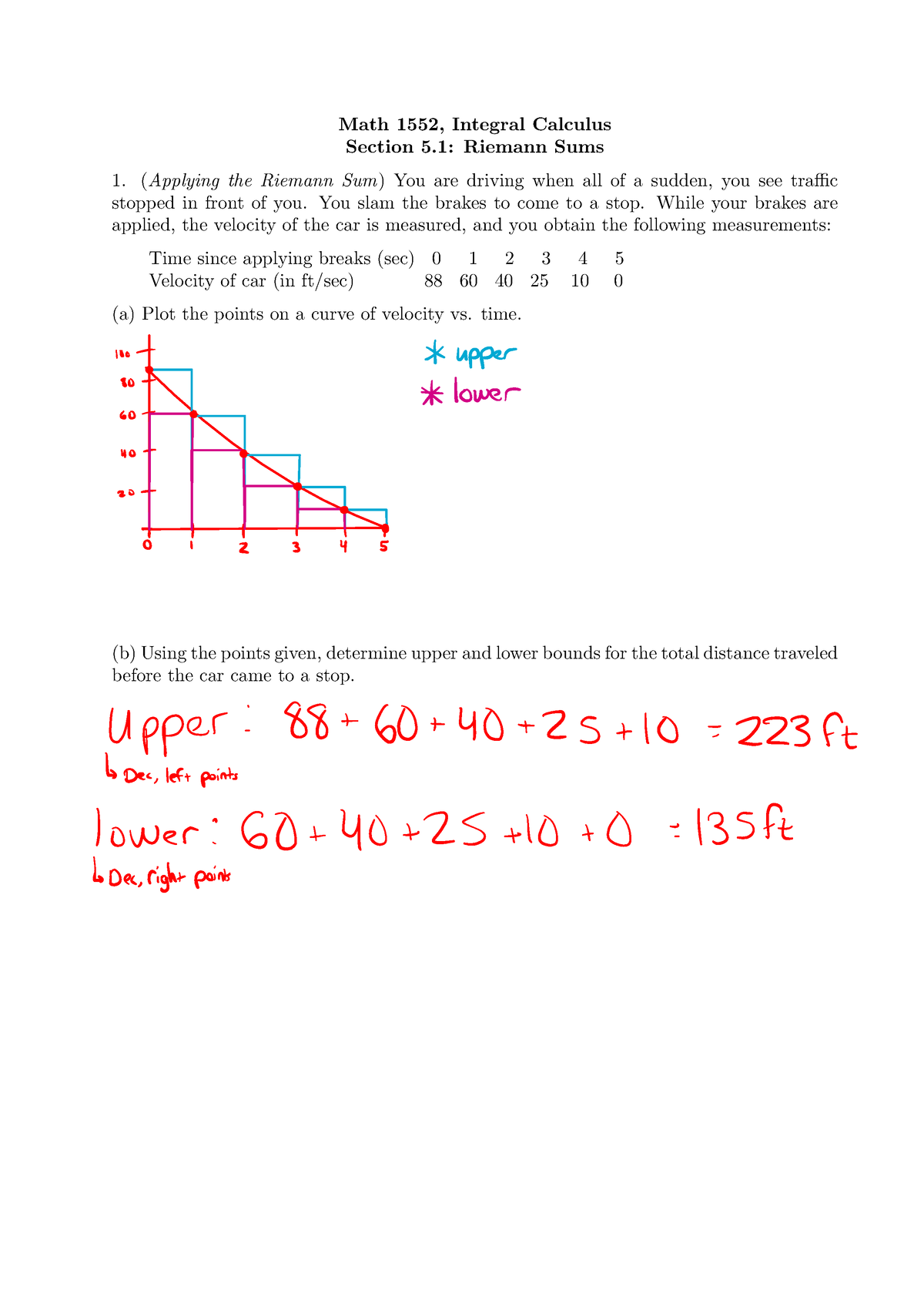 Studio 2 Worksheet - Math 1552, Integral Calculus Section 5: Riemann ...