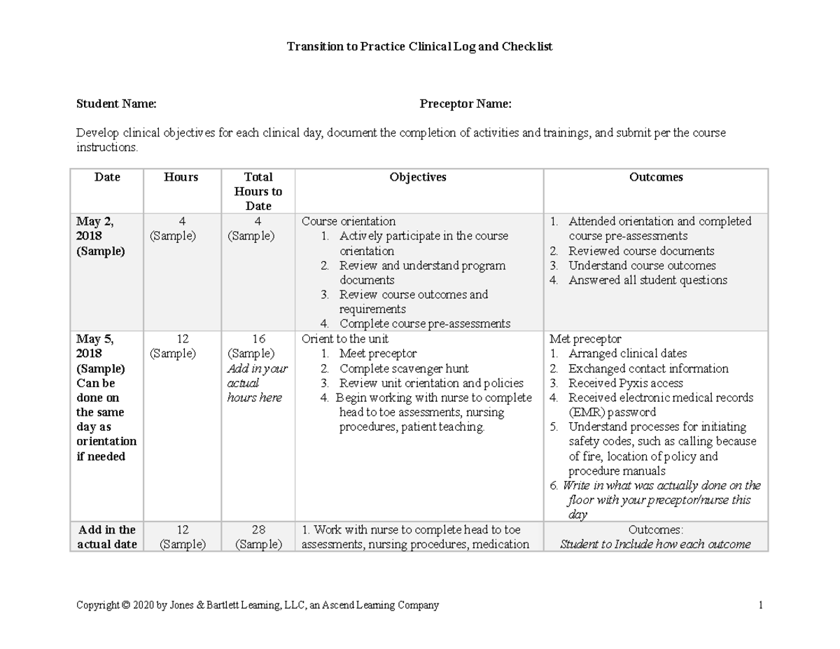 Clinical Log and Checklist with revisions for LC Student Name