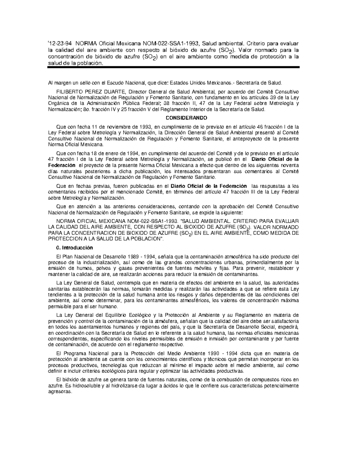 Nom 022 ssa1 1993 so2 - Formato - i 12-23-94 NORMA Oficial Mexicana NOM ...