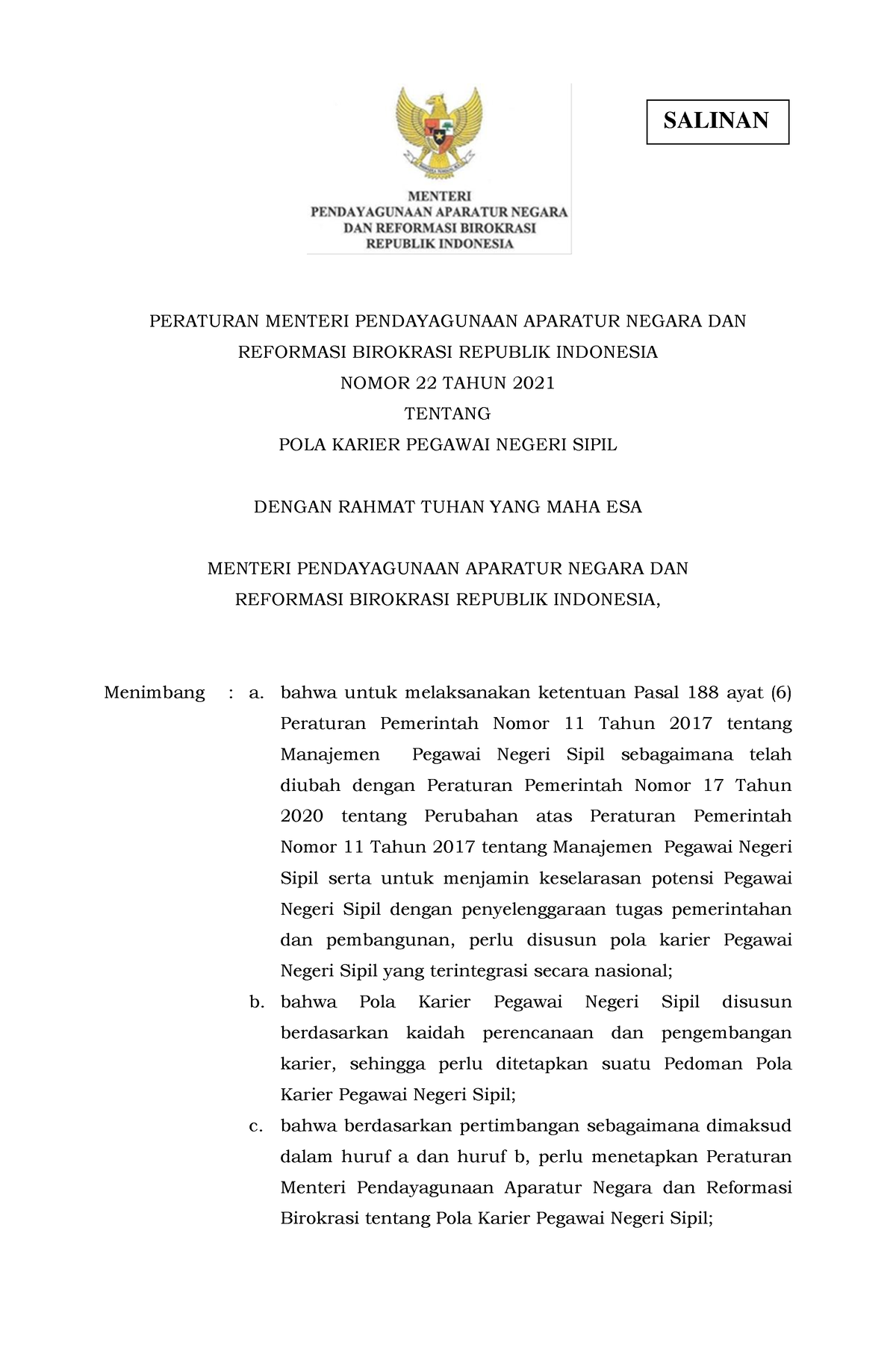 Permen Panrb No. 22 Tahun 2021 - PERATURAN MENTERI PENDAYAGUNAAN ...