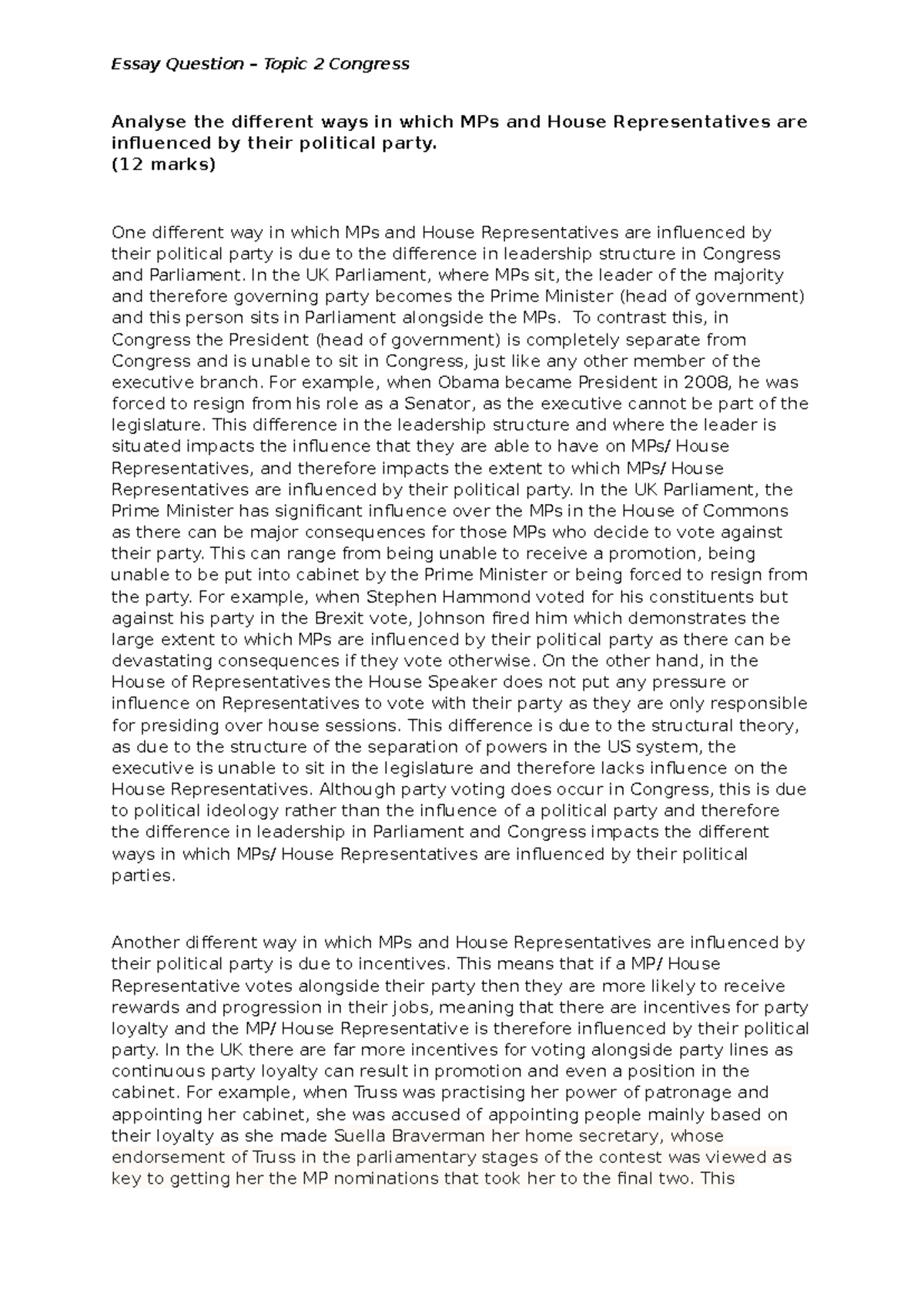 12 marker ; party infuence - Essay Question – Topic 2 Congress Analyse ...