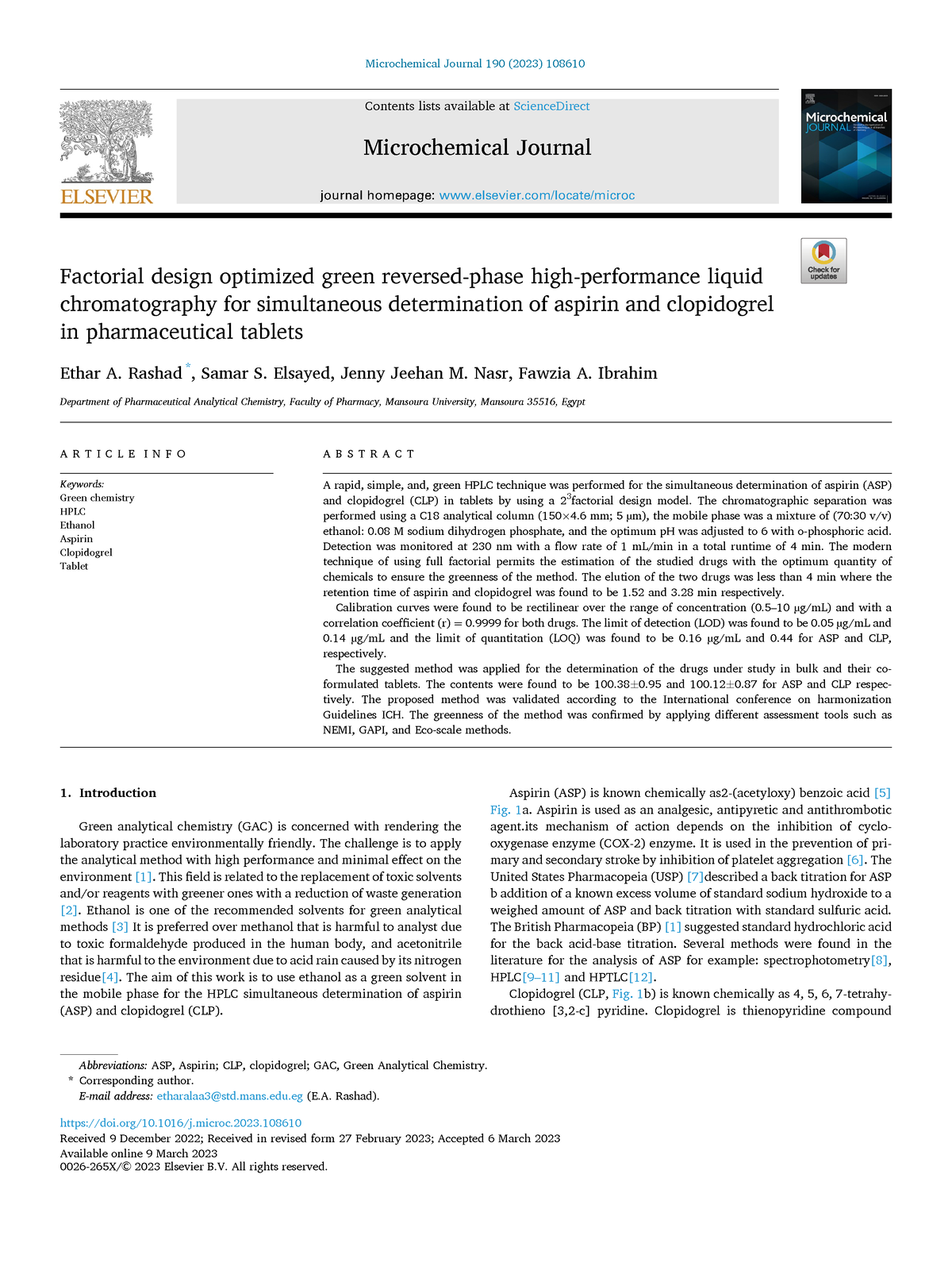 Aspirin article Microchemical Journal 190 (2023) 108610 Available