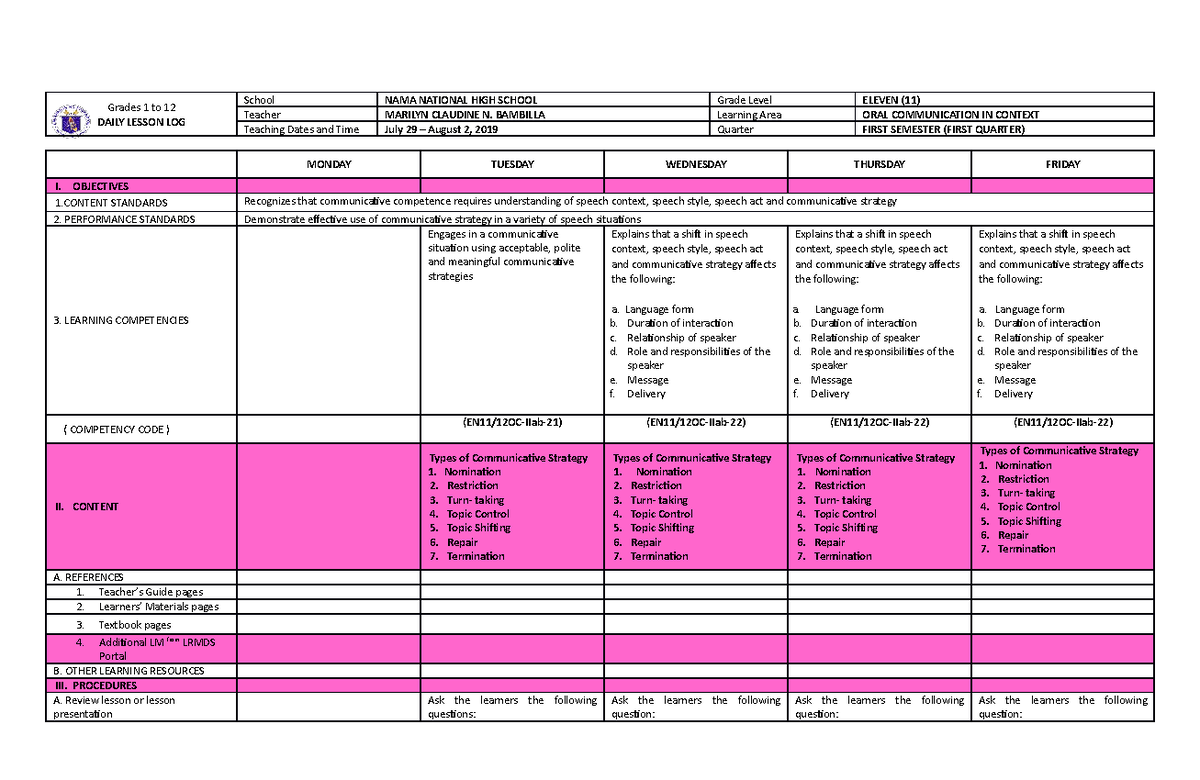 Dll August 1 Reference Grades 1 To 12 Daily Lesson Log School Nama National High School 9853