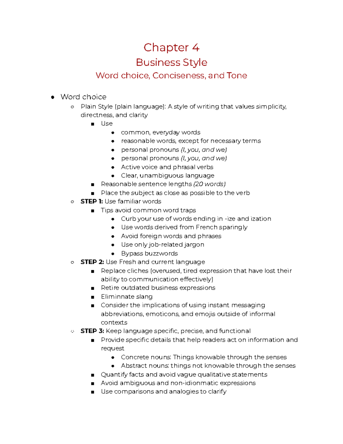 CMN 279 notes - Chapter 4 Business Style Word choice, Conciseness, and ...