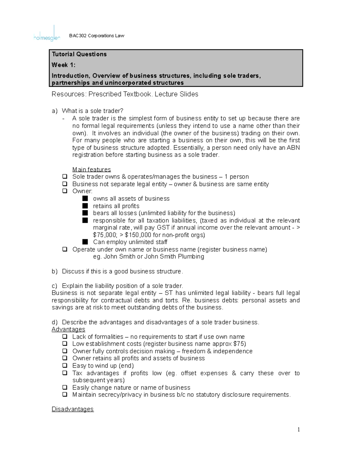 Tute 1 Suggested Answers - Tutorial Questions Week 1: Introduction ...