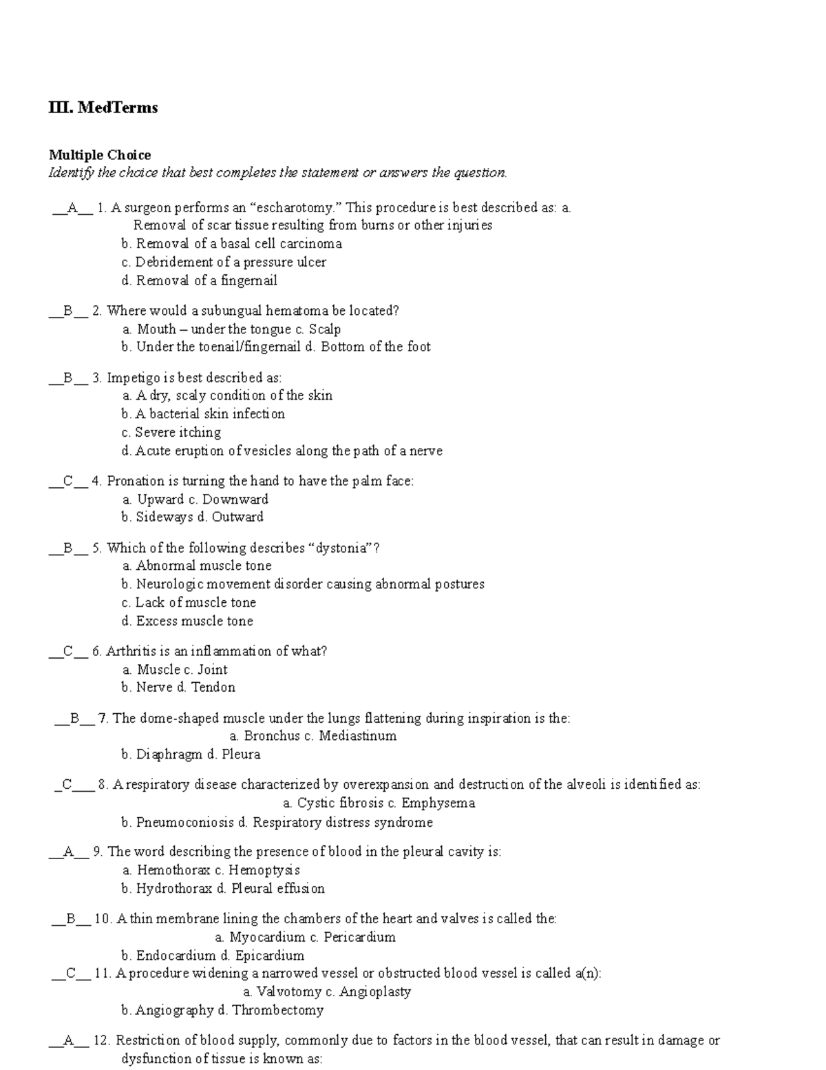 Coding Academy - Med Terms Quiz2 - III. MedTerms Multiple Choice ...