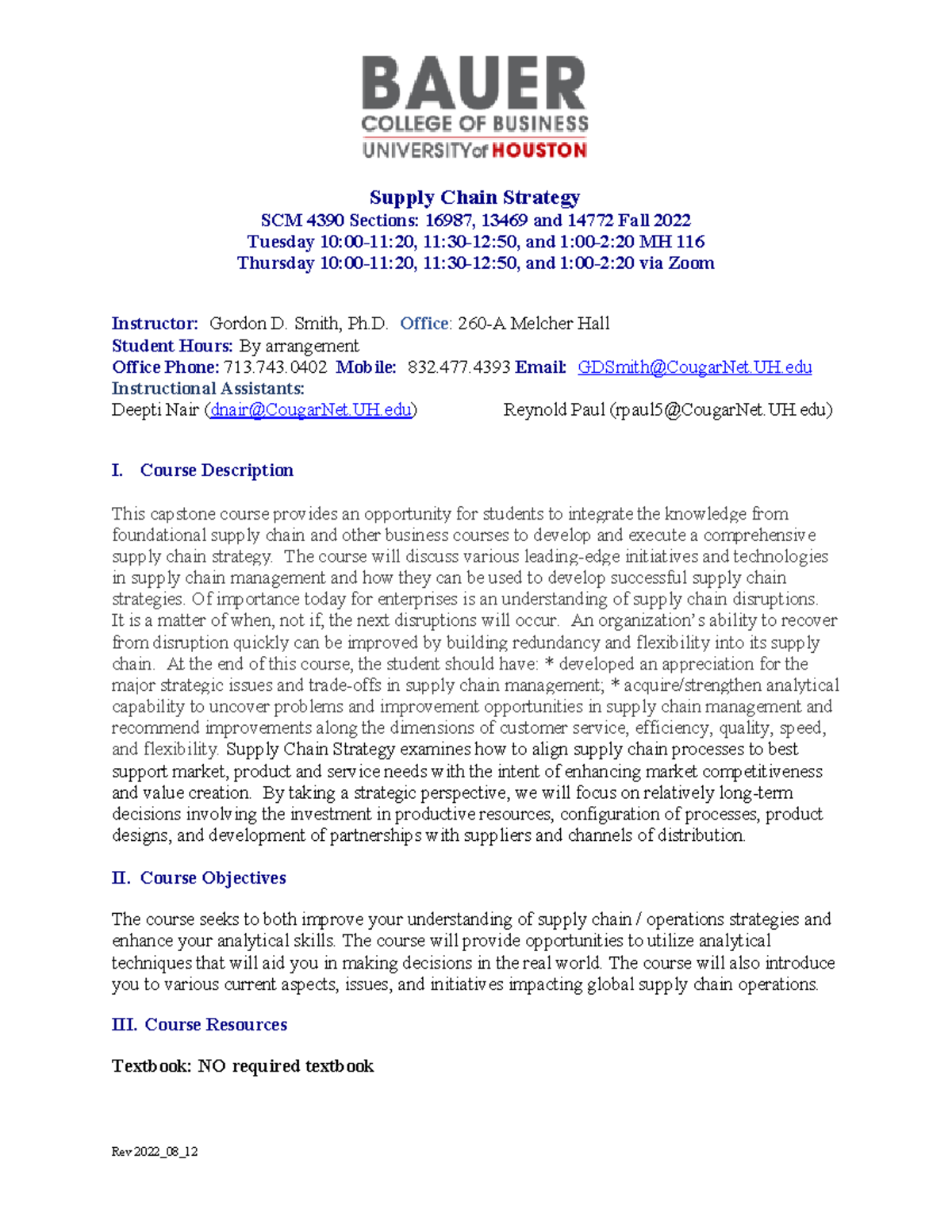 SCM 4390 2022 - Supply Chain Strategy Syllabus Professor Gordon Smith ...