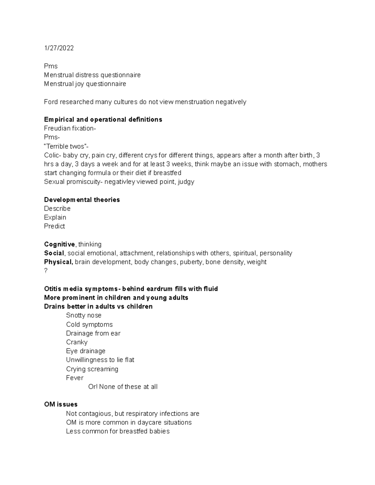 Psych 220 Lecture Notes - 1/27/ Pms Menstrual distress questionnaire ...