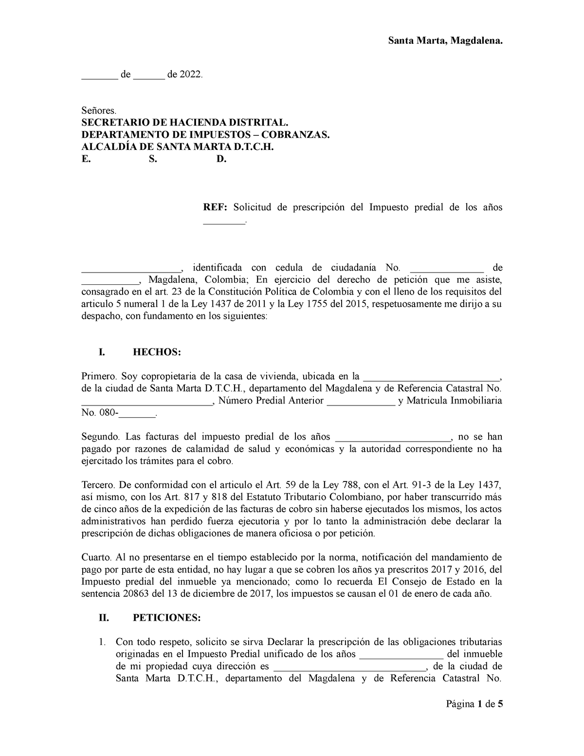 Modelo; Derecho de petición; Prescrición; Impuesto Predial; Santa Marta  .H - ______ de ______ - Studocu