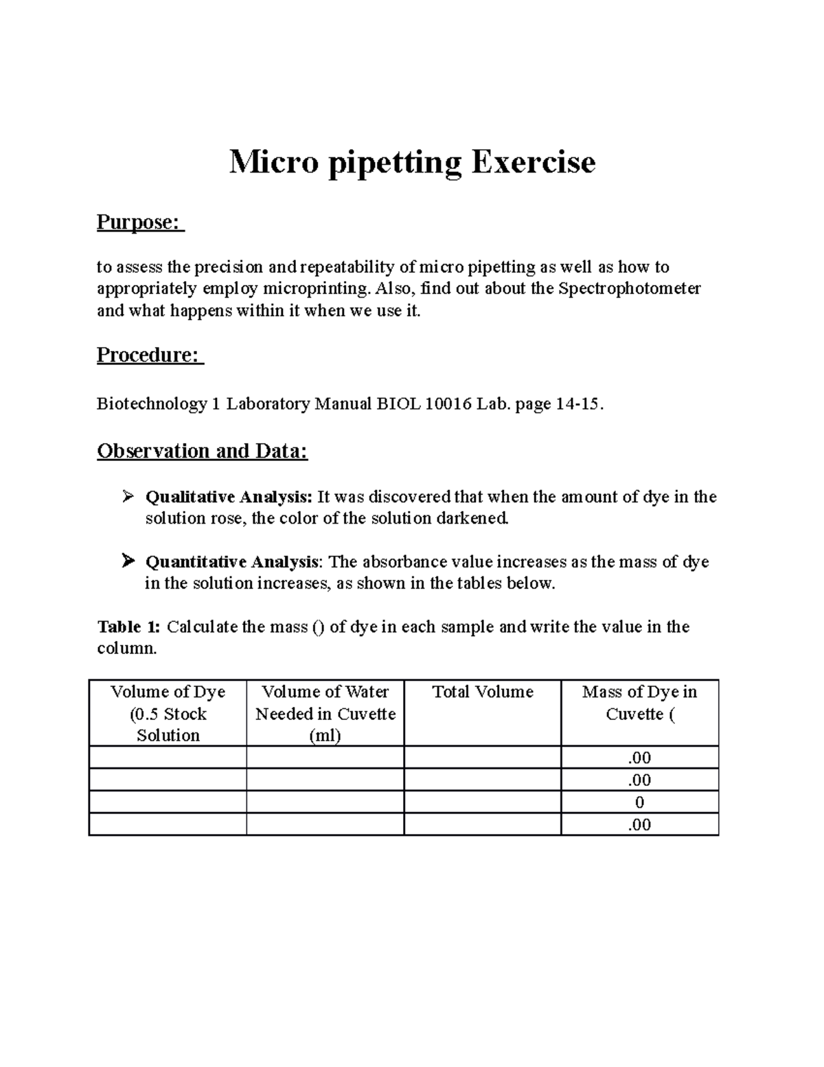 Lab 1 Micropipetting Exercise Micro pipetting Exercise Purpose to