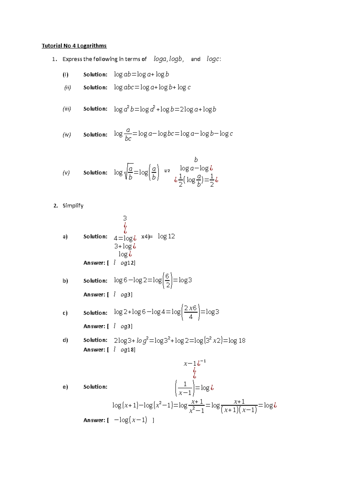 20182019 Tutorial No 4 Logarithms Tutorial No 4 Logarithms Express