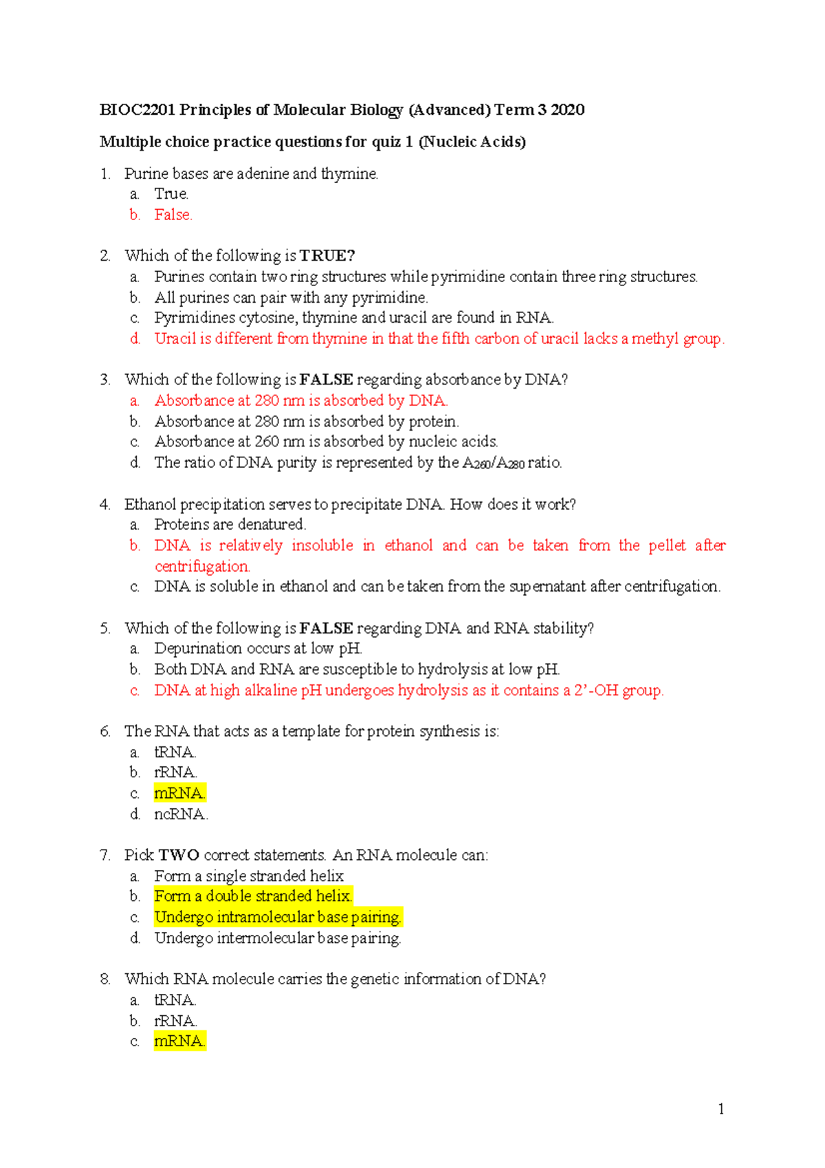 Wk 2 Nucleic acids analyses quiz prep with answers 1 BIOC2201